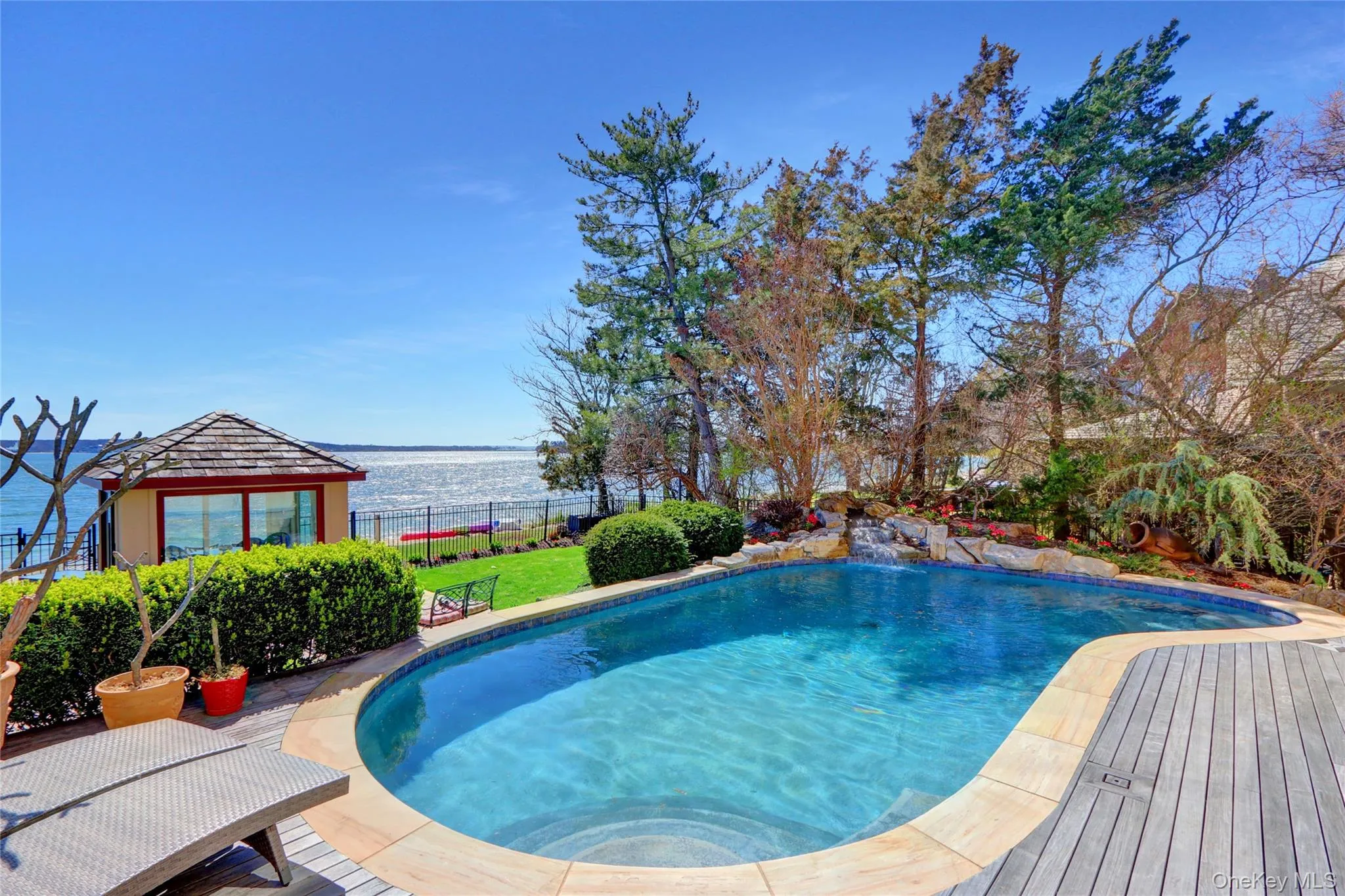 View of swimming pool with fence, a water view, and a fenced in pool View of swimming pool with fence, a water view, and a fenced in pool