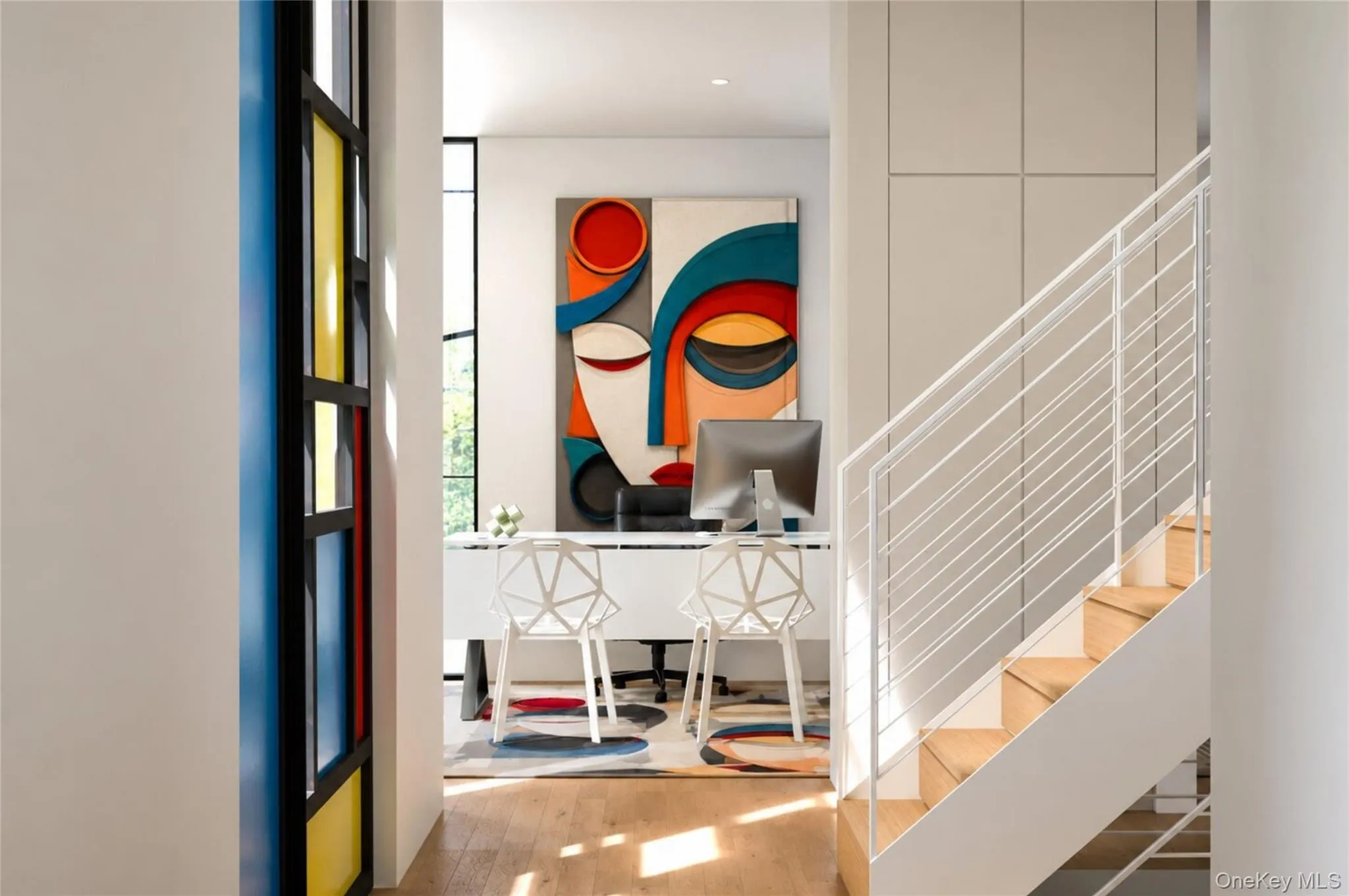 Staircase with clean minimalist lines. Office in the background. Staircase with clean minimalist lines. Office in the background.