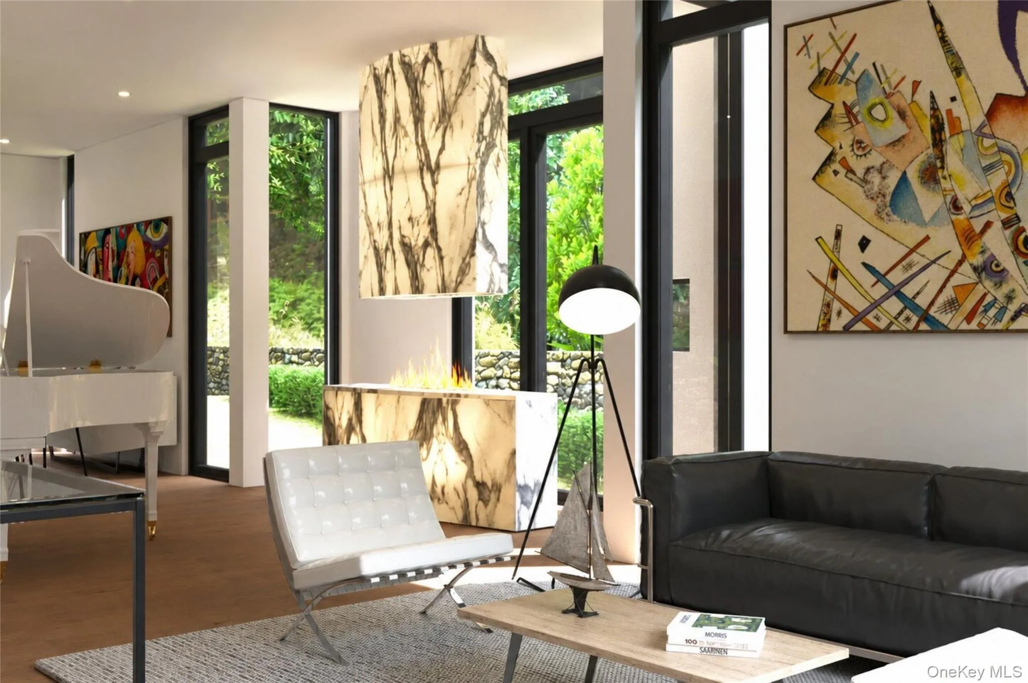 The room is anchored by a stunning floor to ceiling fireplace. The room is anchored by a stunning floor to ceiling fireplace.