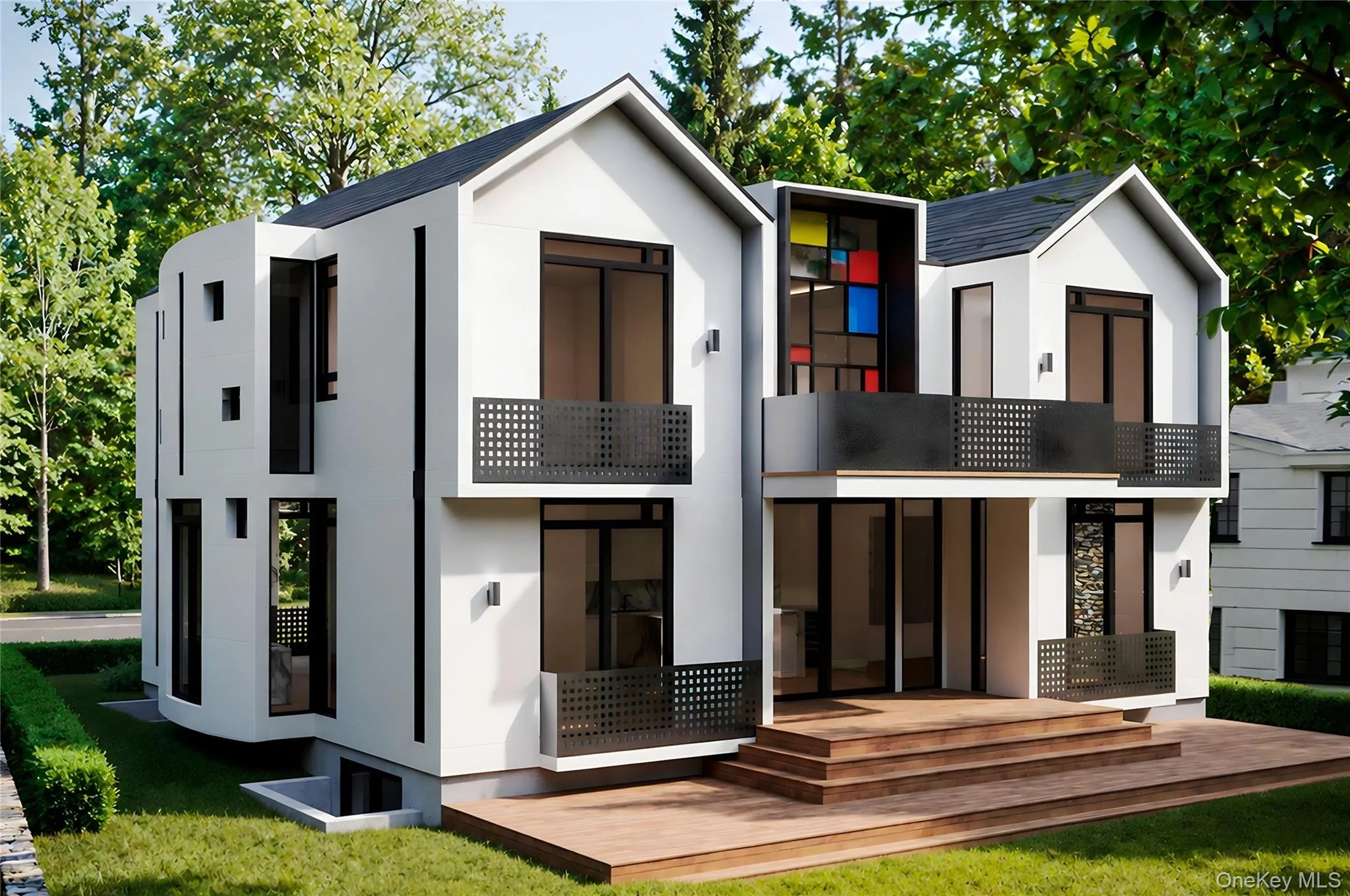Modern rear exterior highlighting spacious decks, private balconies, and tranquil wooded surroundings. Modern rear exterior highlighting spacious decks, private balconies, and tranquil wooded surroundings.