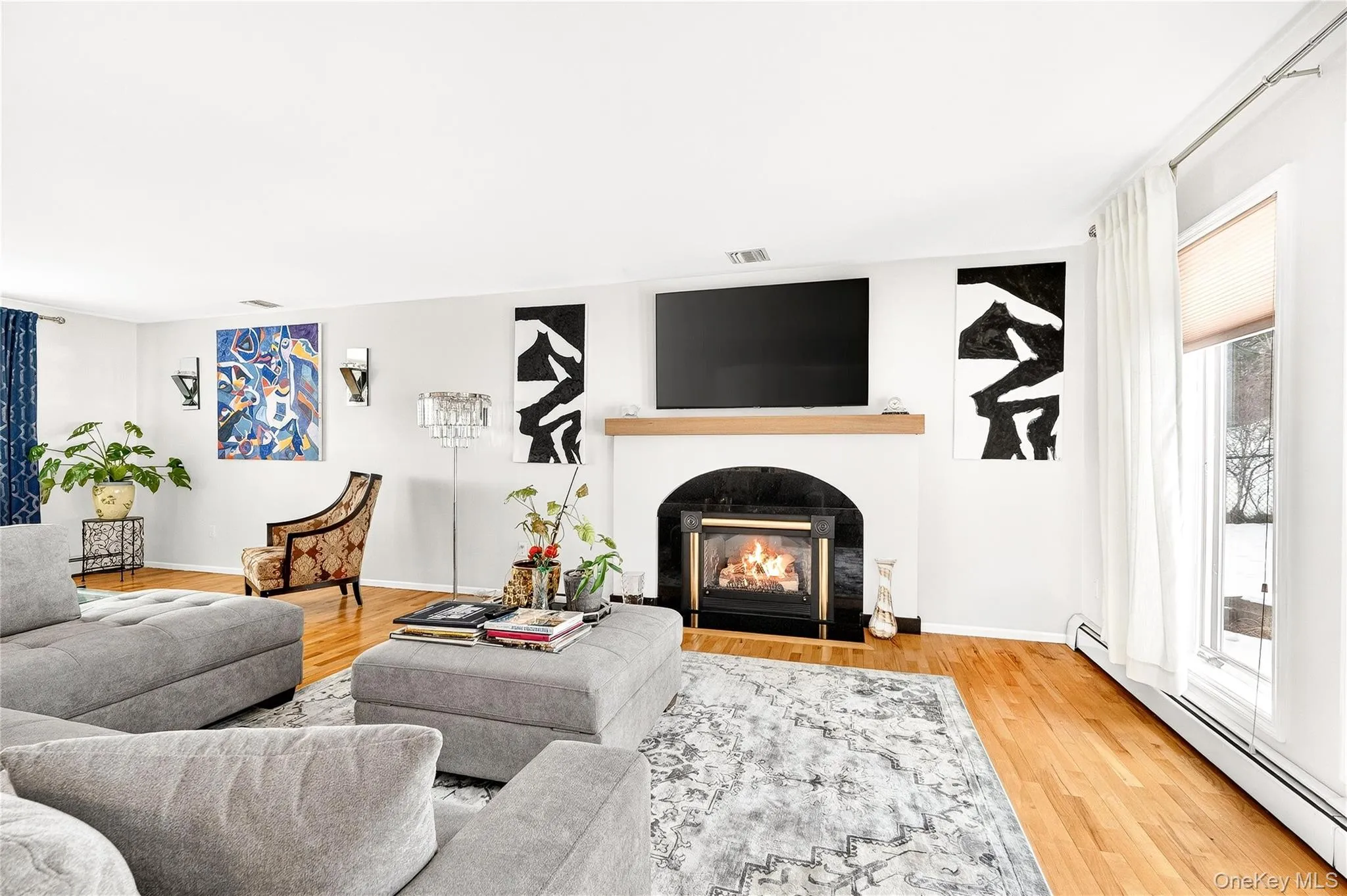 featuring a baseboard radiator, a glass covered fireplace, and light wood-style flooring featuring a baseboard radiator, a glass covered fireplace, and light wood-style flooring