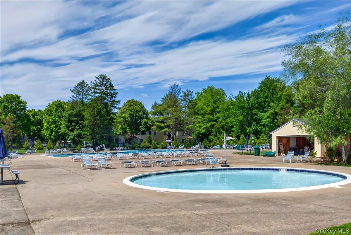 Community pool area featuring an oval-shaped pool, surrounding concrete decking, a pool house with a serving window, and abundant mature trees Community pool area featuring an oval-shaped pool, surrounding concrete decking, a pool house with a serving window, and abundant mature trees
