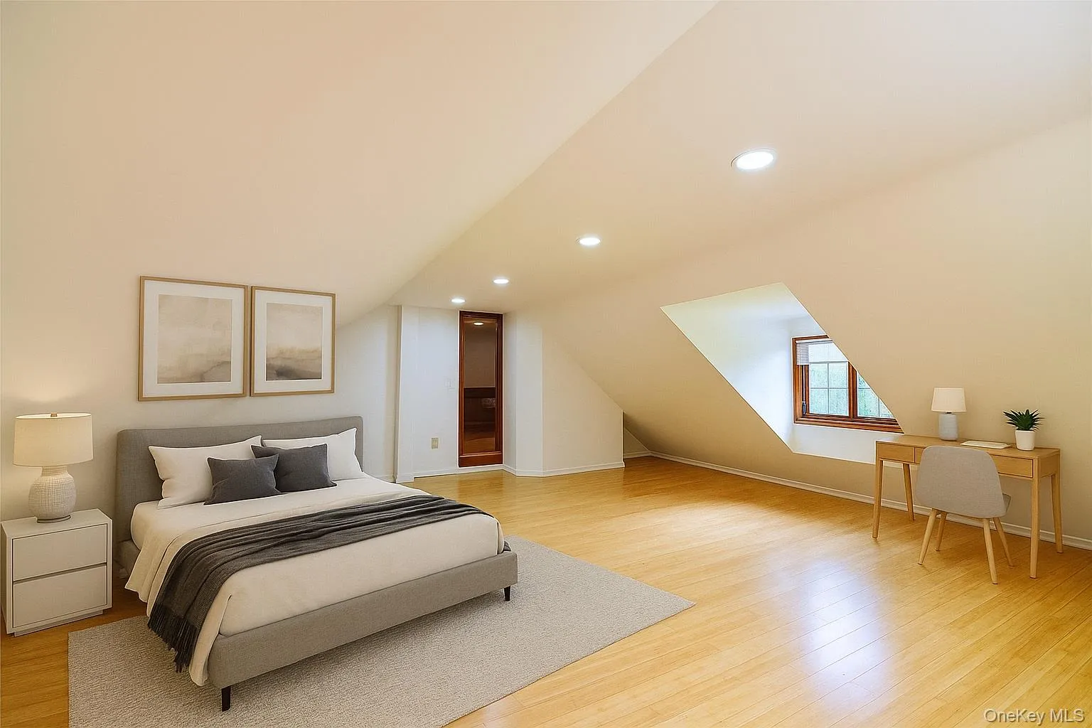 Bedroom featuring light woodstyleflooring, recessedlighting, and vaulted ceiling Bedroom featuring light woodstyleflooring, recessedlighting, and vaulted ceiling