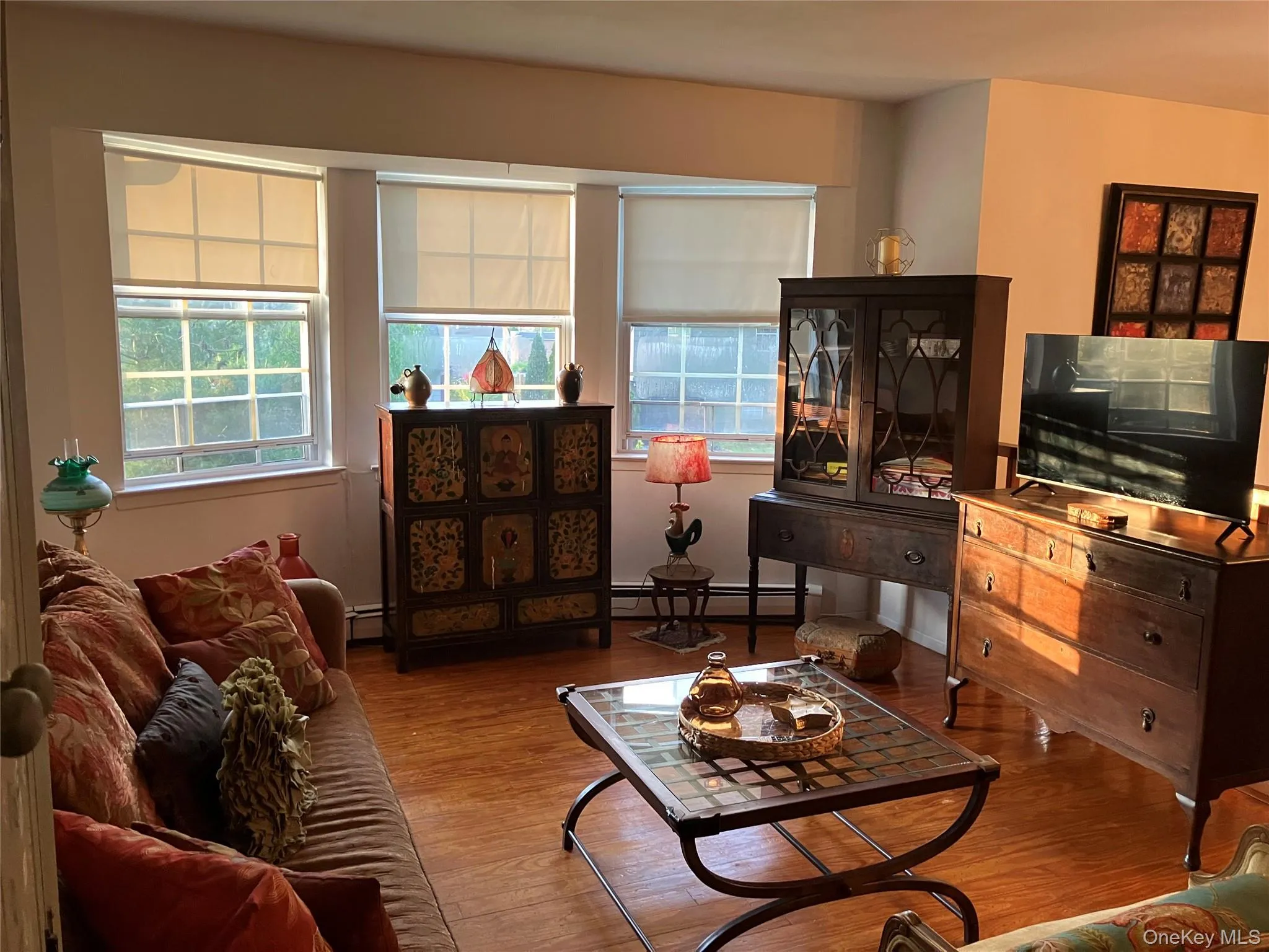 Wood-finish flooring throughout a living space featuring multiple large windows with roller shades Wood-finish flooring throughout a living space featuring multiple large windows with roller shades