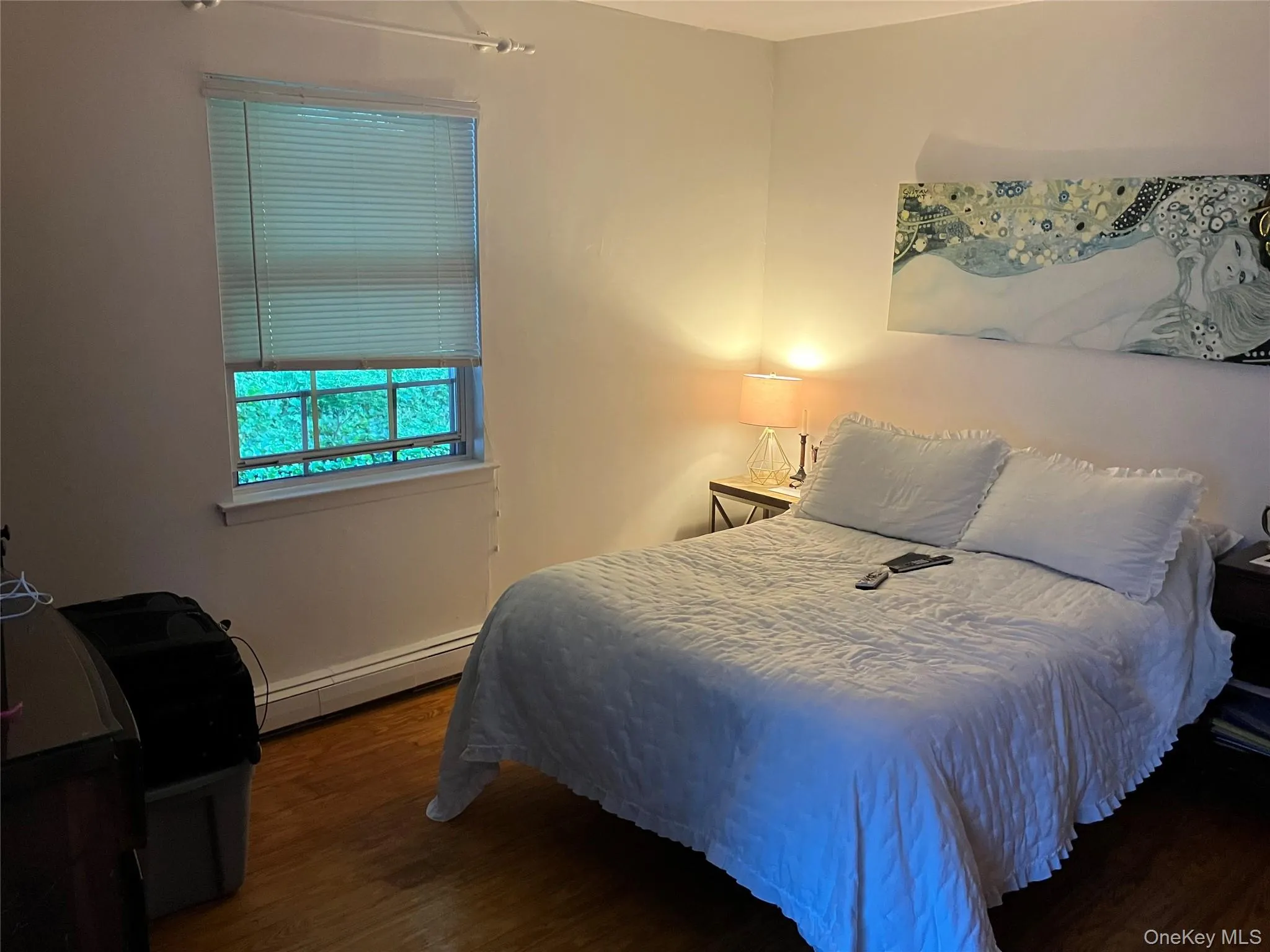 Room featuring wood-finish flooring, a double window with blinds, and white painted walls Room featuring wood-finish flooring, a double window with blinds, and white painted walls