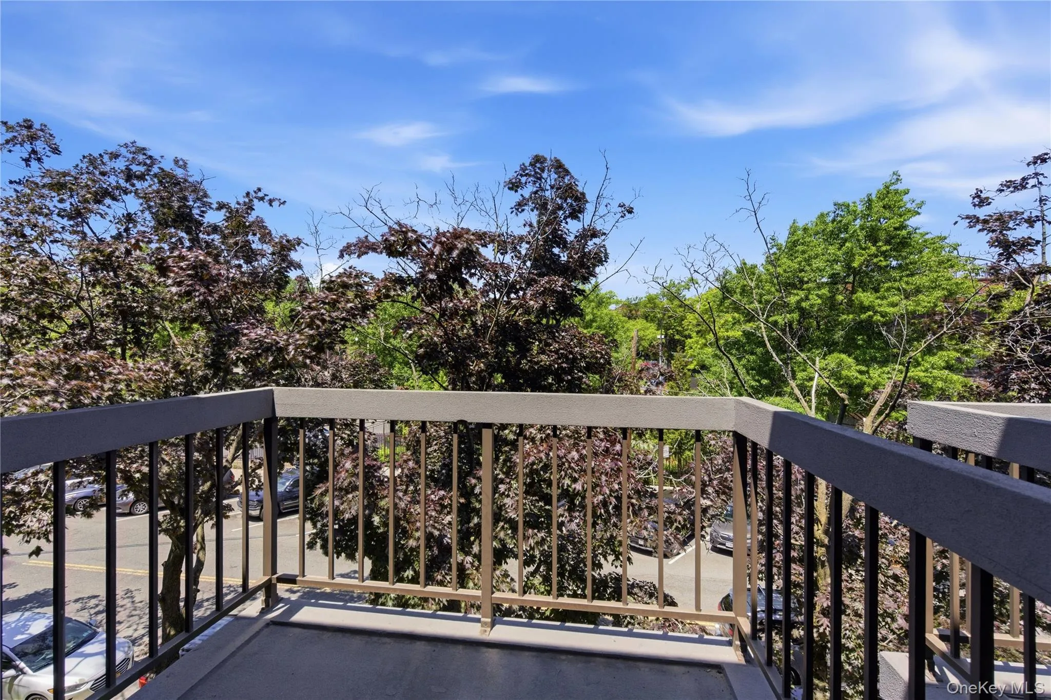 Balcony featuring a concrete surface, black metal railings, and a privacy wall Balcony featuring a concrete surface, black metal railings, and a privacy wall