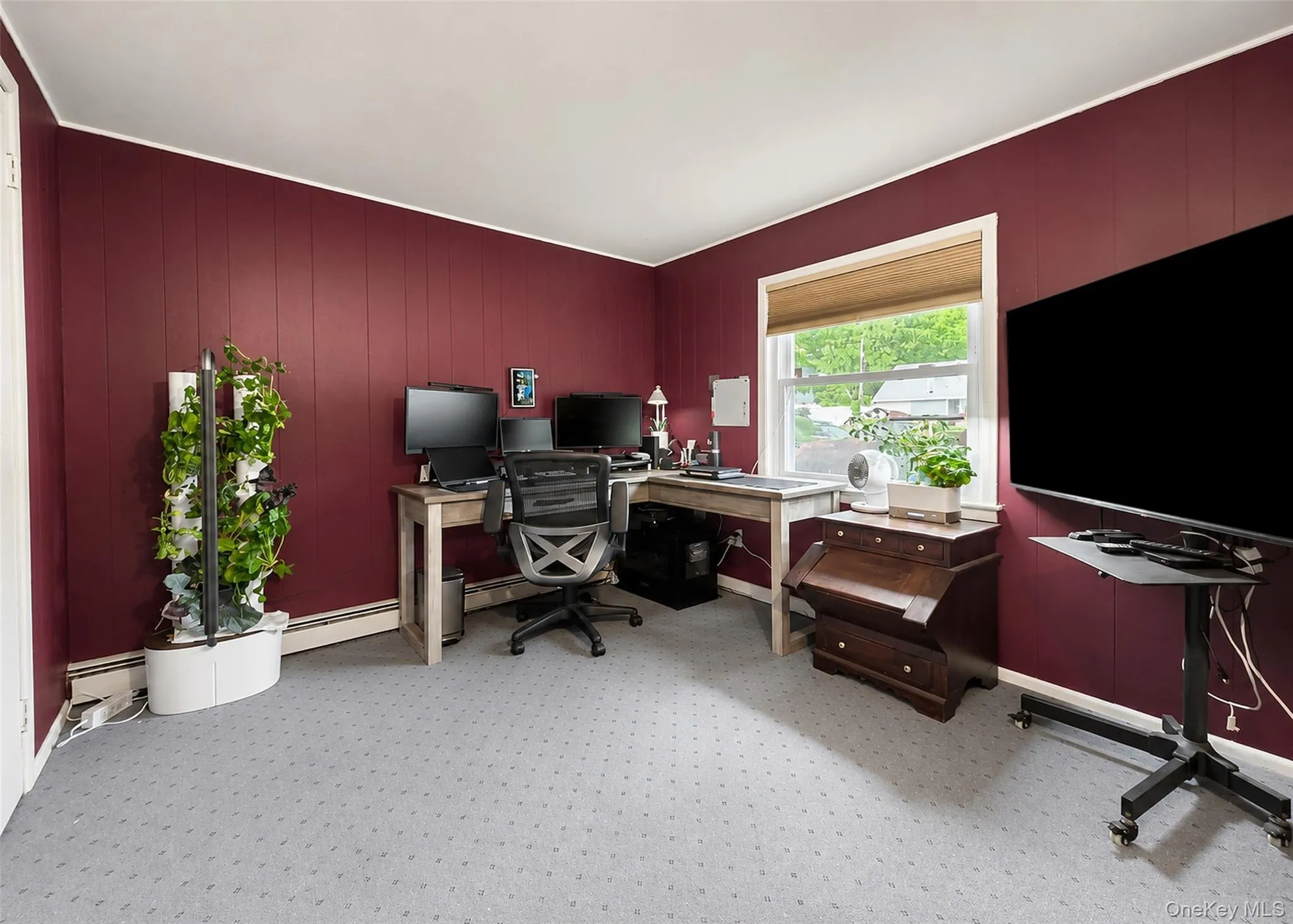 Interior room featuring vertical paneling, light-colored carpeting, white baseboards, and a window with a woven shade Interior room featuring vertical paneling, light-colored carpeting, white baseboards, and a window with a woven shade