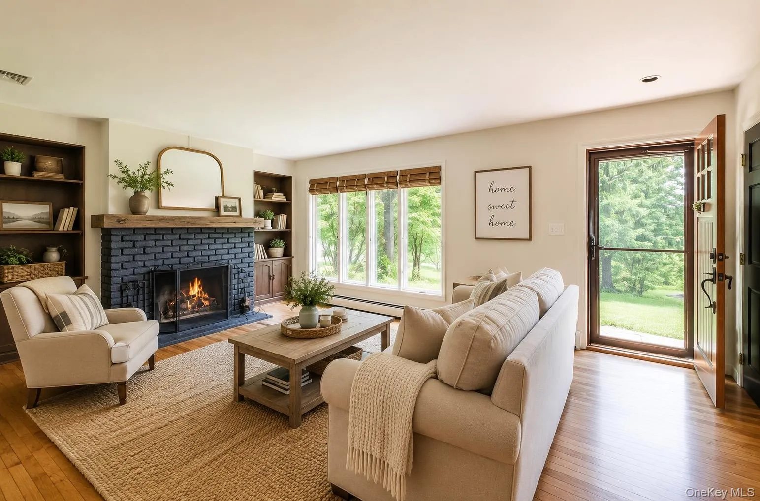 Virtually staged living room with wood burning fireplace Virtually staged living room with wood burning fireplace