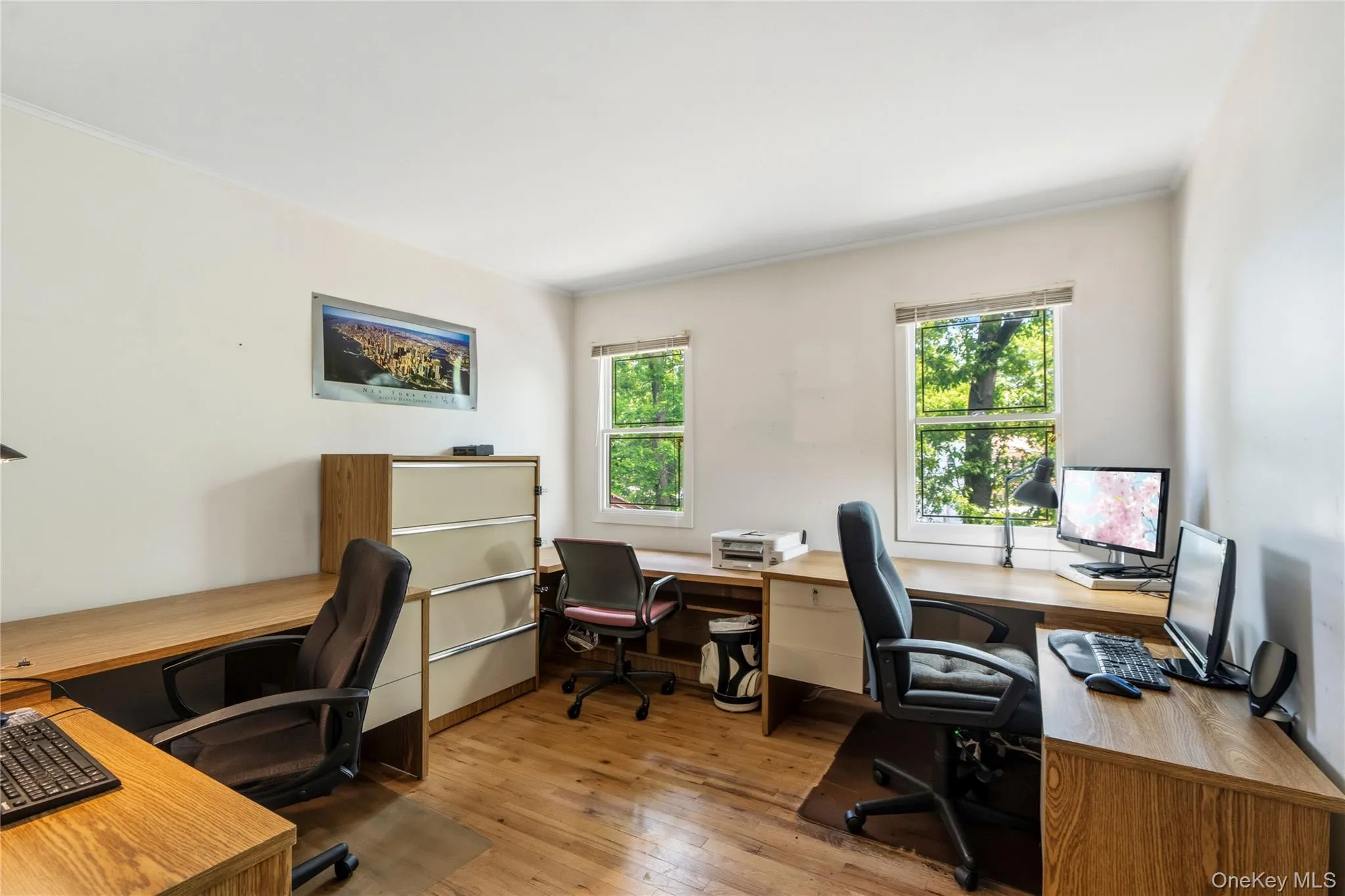 Versatile room featuring wood-finish flooring, white painted walls, and two large windows Versatile room featuring wood-finish flooring, white painted walls, and two large windows