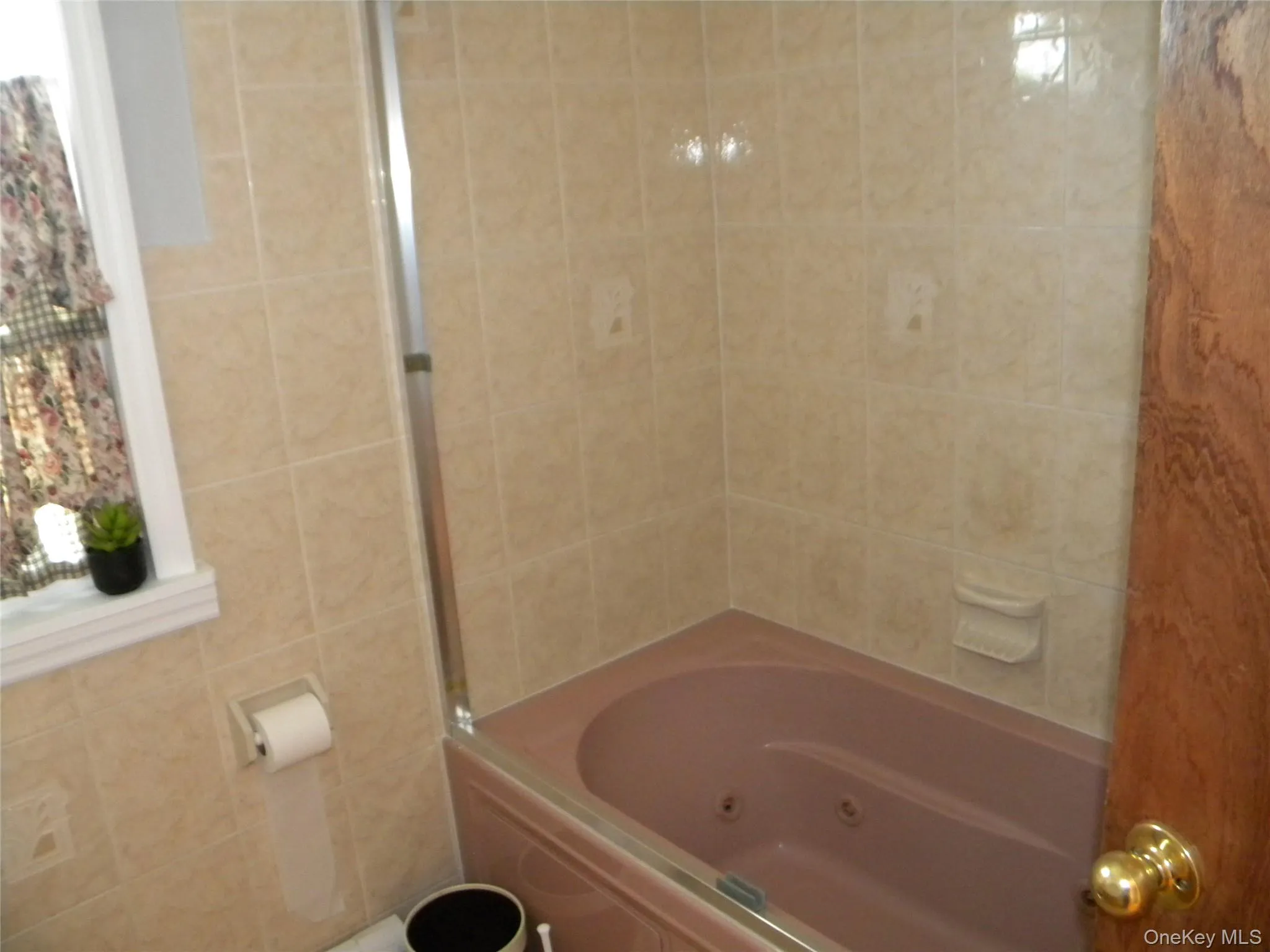 Jetted soaking tub with a glass enclosure, surrounded by light-toned ceramic wall tile Jetted soaking tub with a glass enclosure, surrounded by light-toned ceramic wall tile
