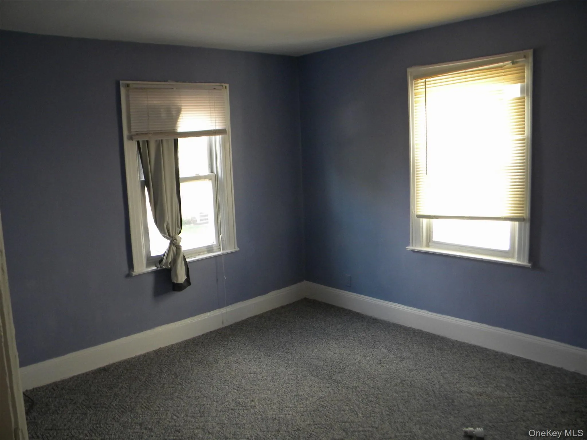 Room featuring two windows with white trim, light blue walls, white baseboards, and grey patterned carpeting Room featuring two windows with white trim, light blue walls, white baseboards, and grey patterned carpeting