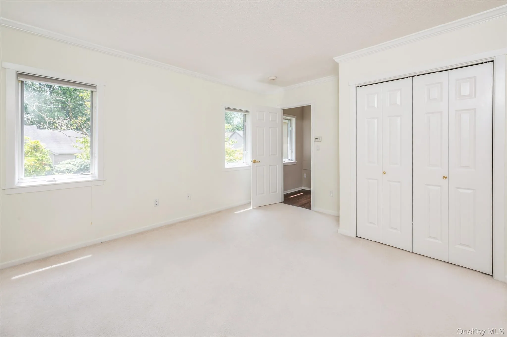 Bedroom with molding, carpet flooring, multiple windows, and a closet Bedroom with molding, carpet flooring, multiple windows, and a closet