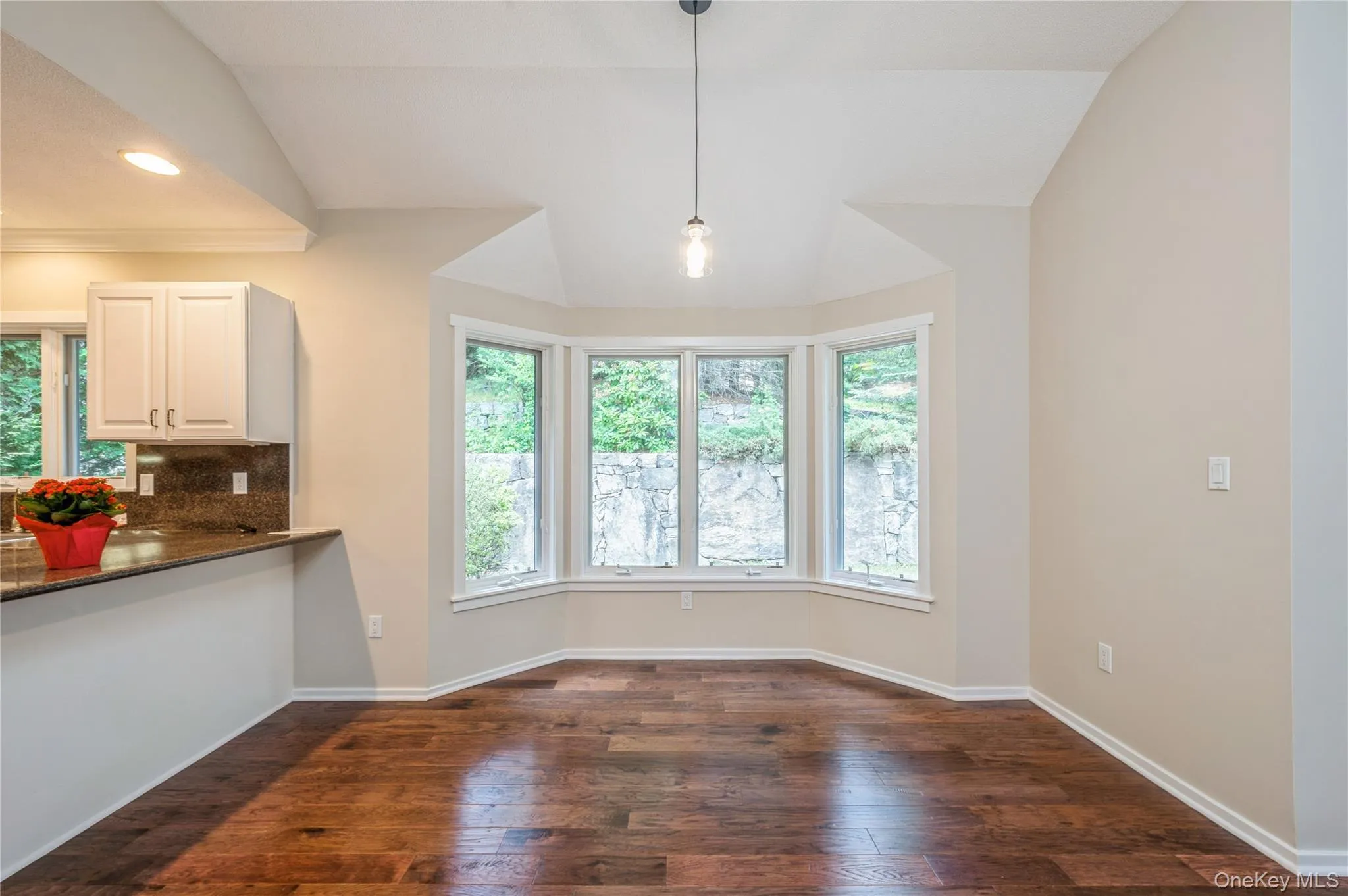 Kitchen featuring tasteful backsplash, decorative light fixtures, dark wood-style flooring, white cabinetry, and dark stone countertops Kitchen featuring tasteful backsplash, decorative light fixtures, dark wood-style flooring, white cabinetry, and dark stone countertops