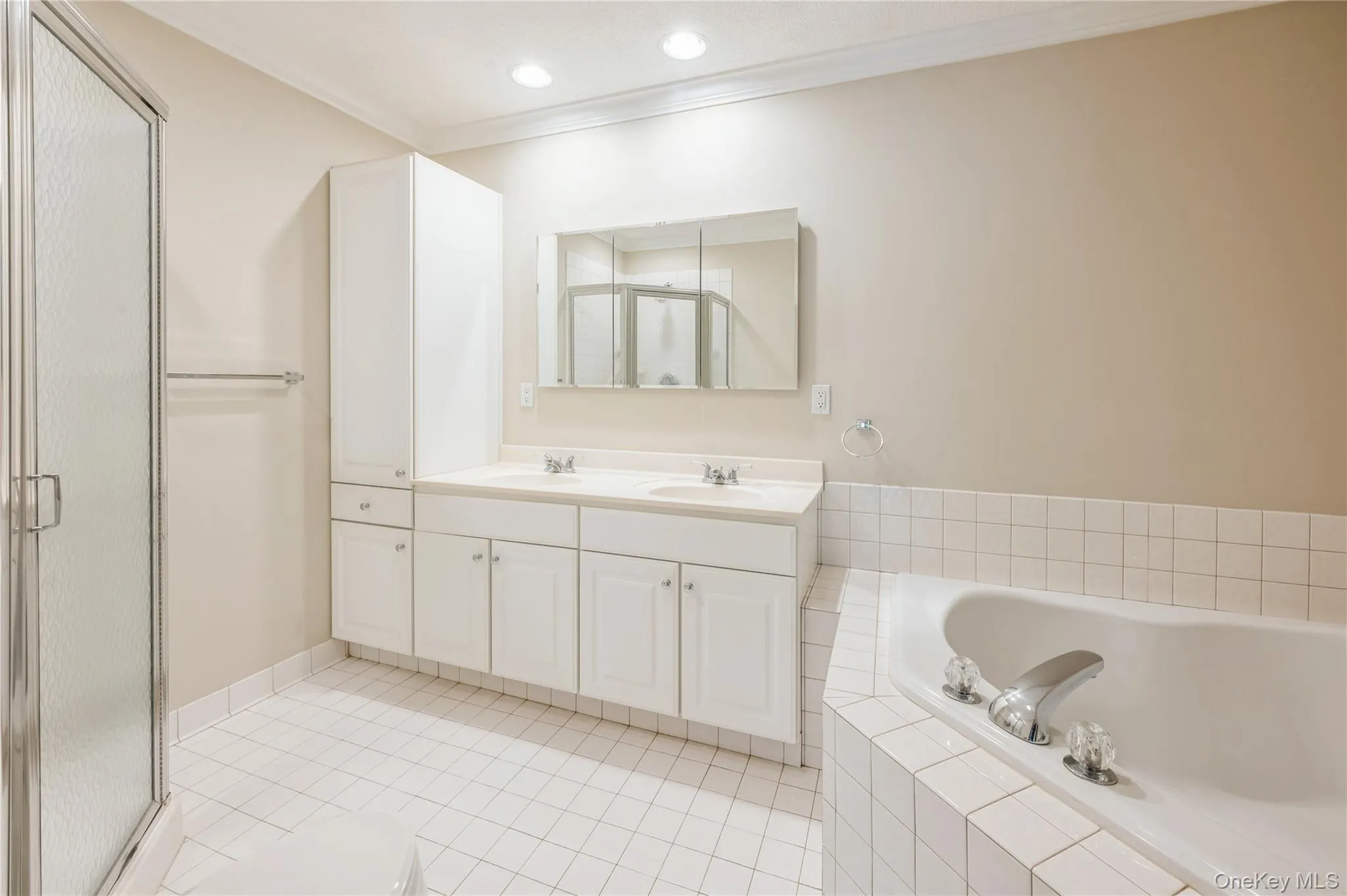 Bathroom featuring a tub, double vanity, crown molding, a shower Bathroom featuring a tub, double vanity, crown molding, a shower