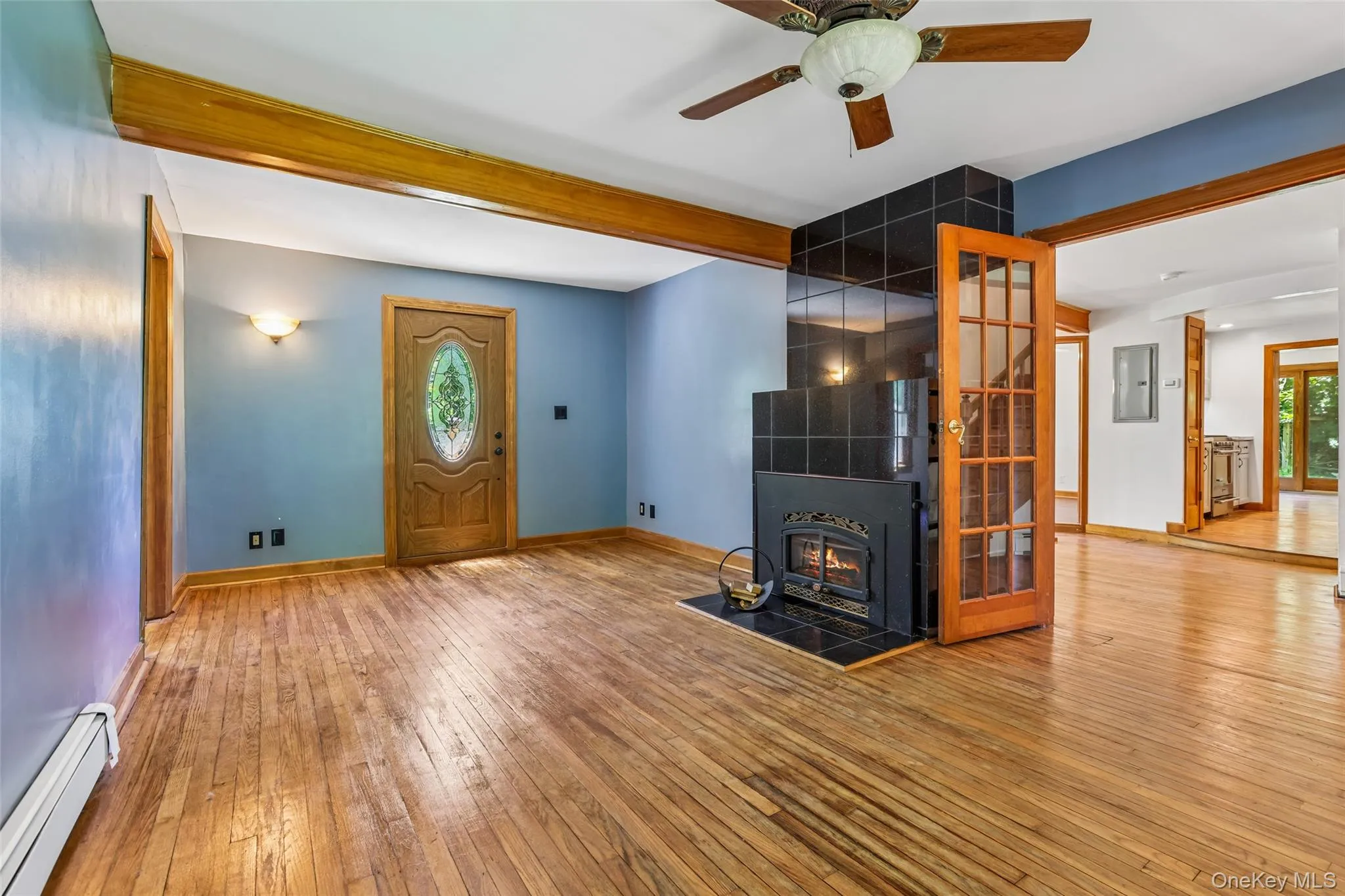 Living room with fireplace and front front foor Living room with fireplace and front front foor