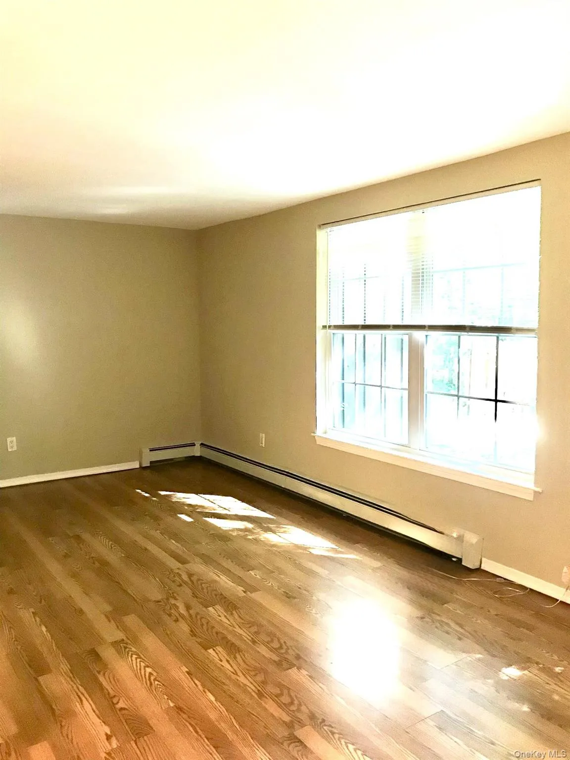 Spacious room featuring wood-finish flooring, a large window with blinds, and perimeter baseboard heating Spacious room featuring wood-finish flooring, a large window with blinds, and perimeter baseboard heating