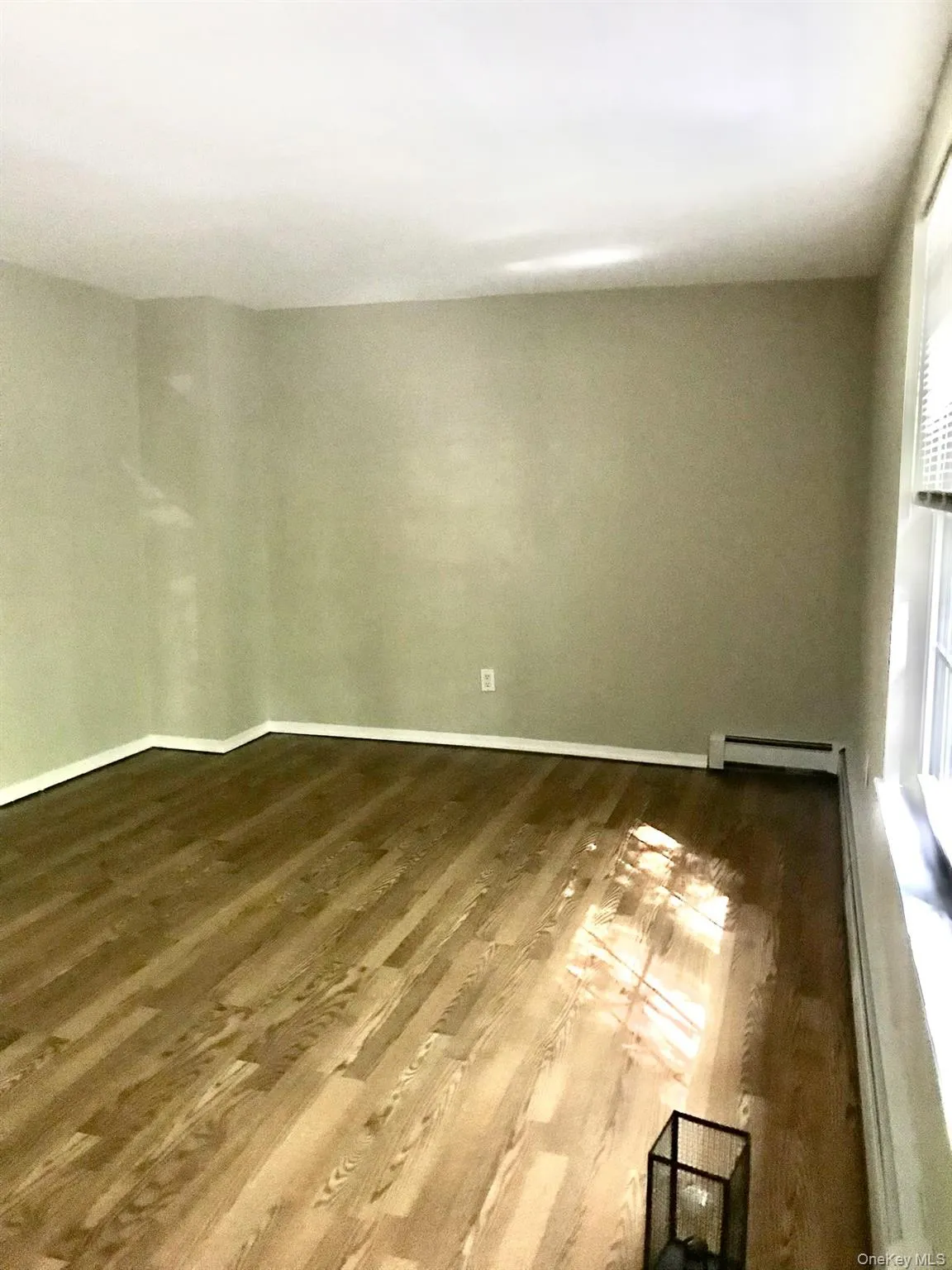 Expansive room featuring wood-finish flooring, light-toned wall paint, crisp white baseboards, and a window with blinds Expansive room featuring wood-finish flooring, light-toned wall paint, crisp white baseboards, and a window with blinds