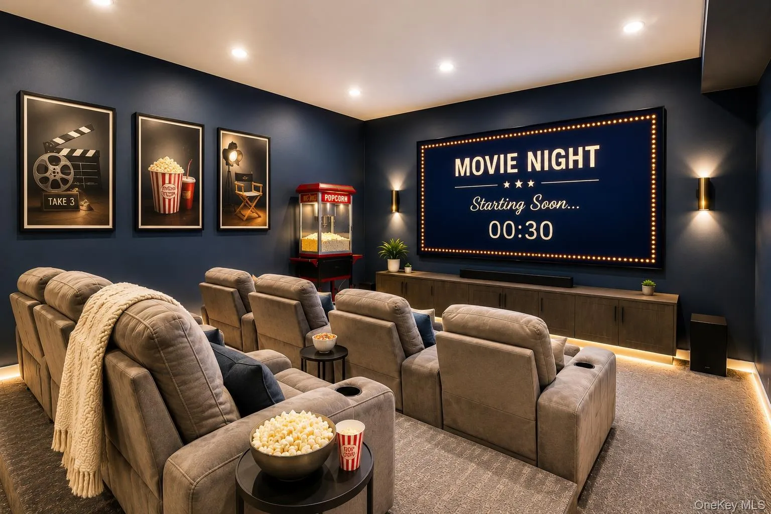 Potential Movie Room in walk out basement, virtually staged Potential Movie Room in walk out basement, virtually staged