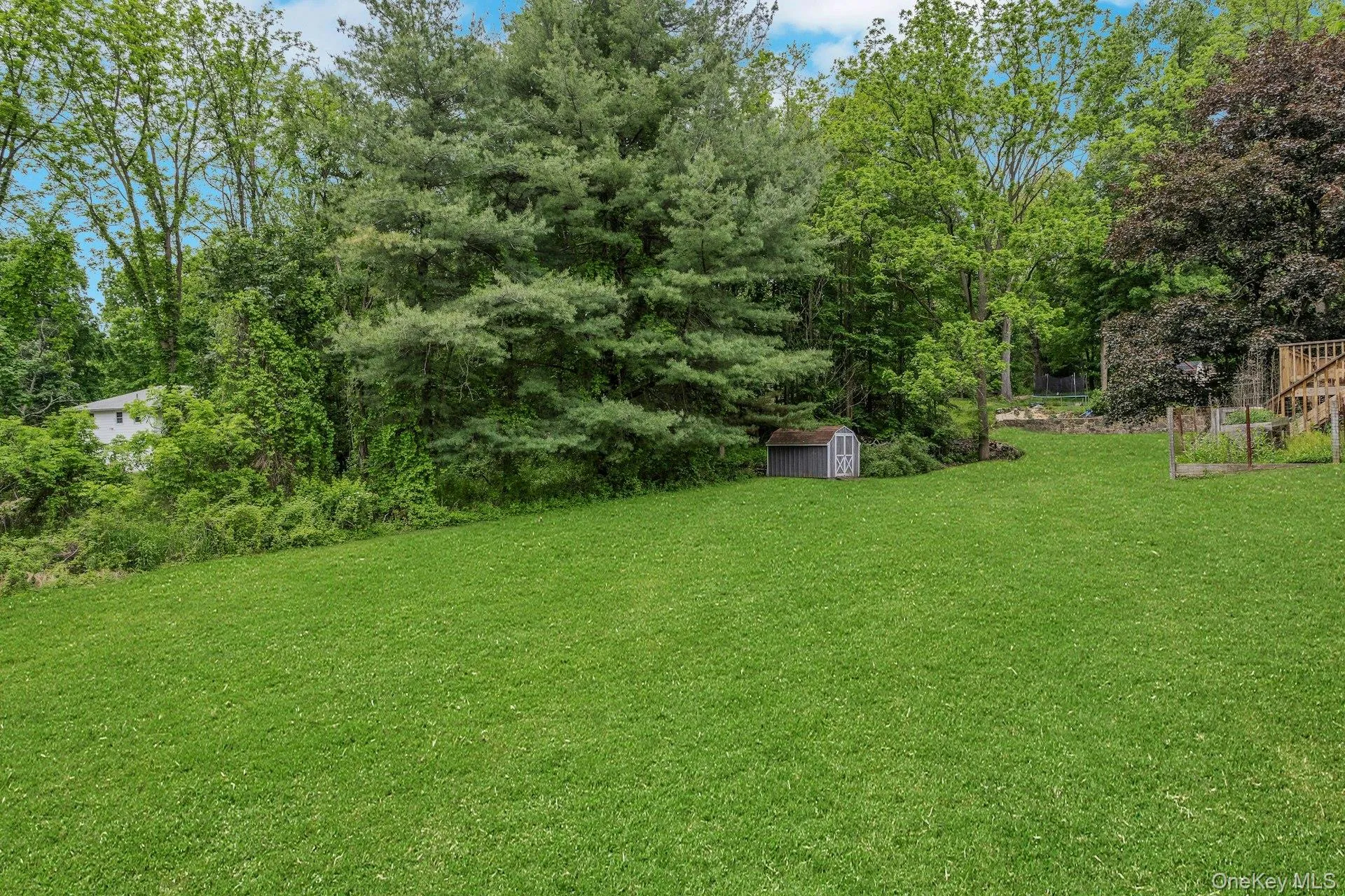 Expansive backyard featuring a vast lawn, mature trees, and a storage shed. Expansive backyard featuring a vast lawn, mature trees, and a storage shed.