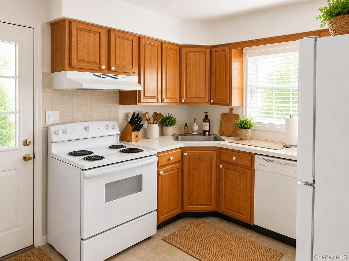 Kitchen featuring warm wood cabinetry, white appliances, a stainless steel sink, light-toned countertops, and a full-height backsplash Kitchen featuring warm wood cabinetry, white appliances, a stainless steel sink, light-toned countertops, and a full-height backsplash