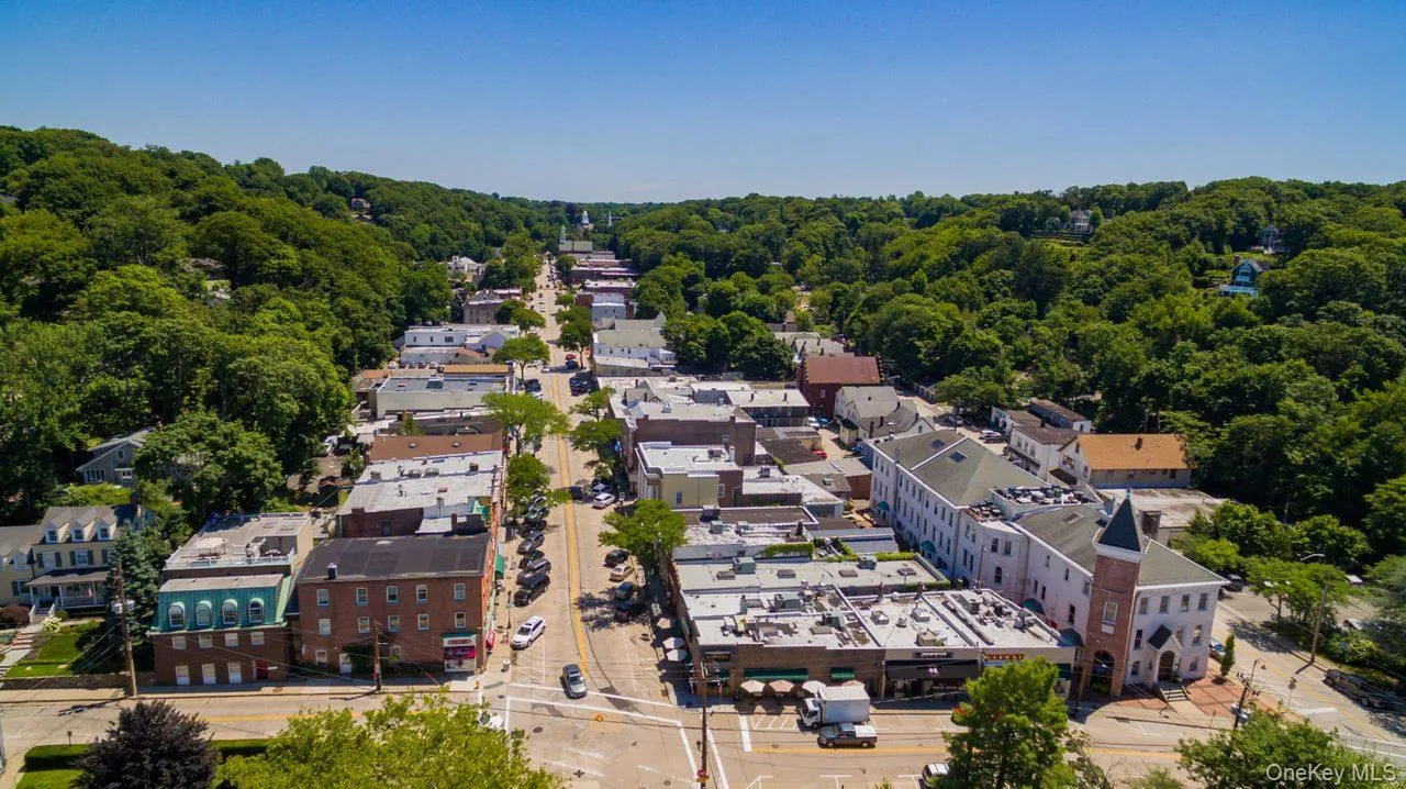 Aerial perspective showcasing a vibrant commercial district lined with diverse architectural styles, including brick and stucco facades Aerial perspective showcasing a vibrant commercial district lined with diverse architectural styles, including brick and stucco facades