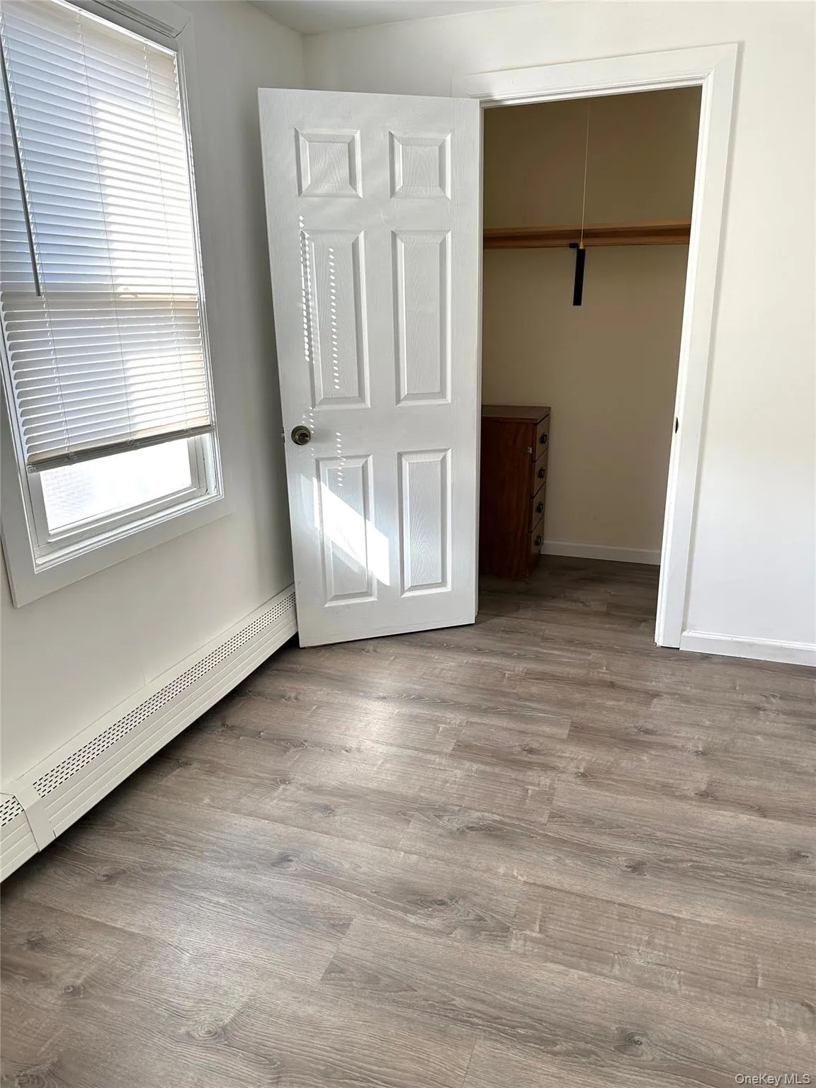 bedroom with light hardwood / wood-style flooring, a baseboard radiator, and a closet bedroom with light hardwood / wood-style flooring, a baseboard radiator, and a closet