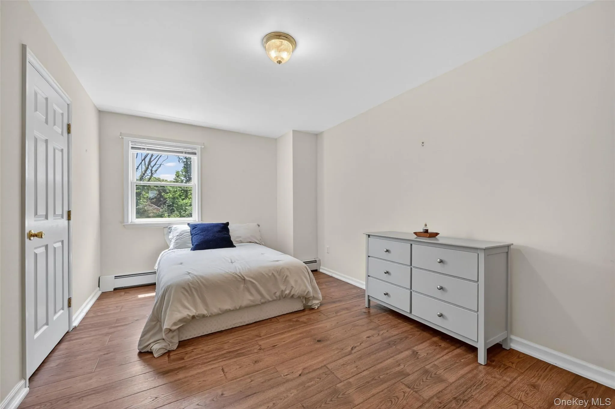 Room featuring wood-finish flooring, a double-hung window, baseboard heating, a six-panel door, and a ceiling-mounted light fixture Room featuring wood-finish flooring, a double-hung window, baseboard heating, a six-panel door, and a ceiling-mounted light fixture