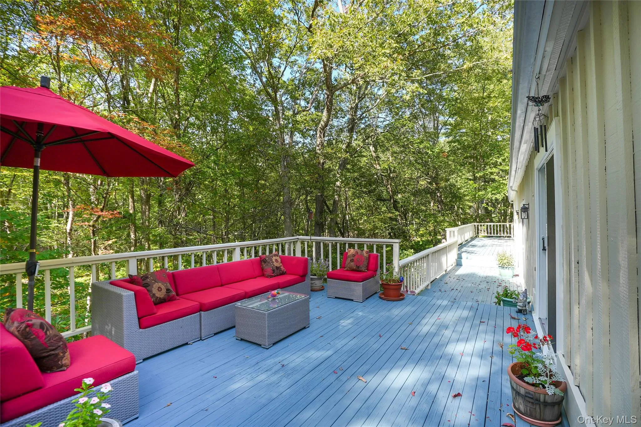 Expansive blue-painted deck with white railings and mature tree backdrop Expansive blue-painted deck with white railings and mature tree backdrop