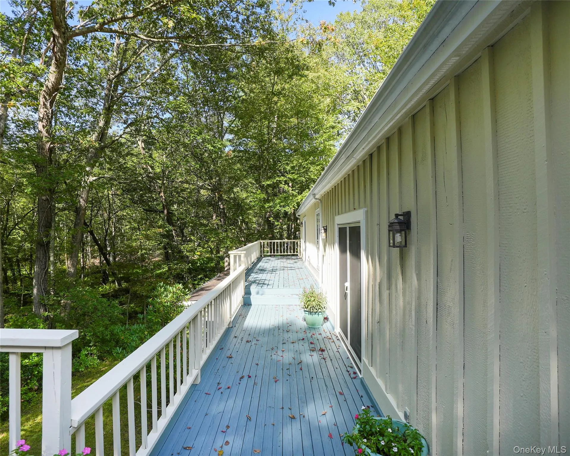 Expansive outdoor deck with blue-painted wood-finish flooring and white railings Expansive outdoor deck with blue-painted wood-finish flooring and white railings