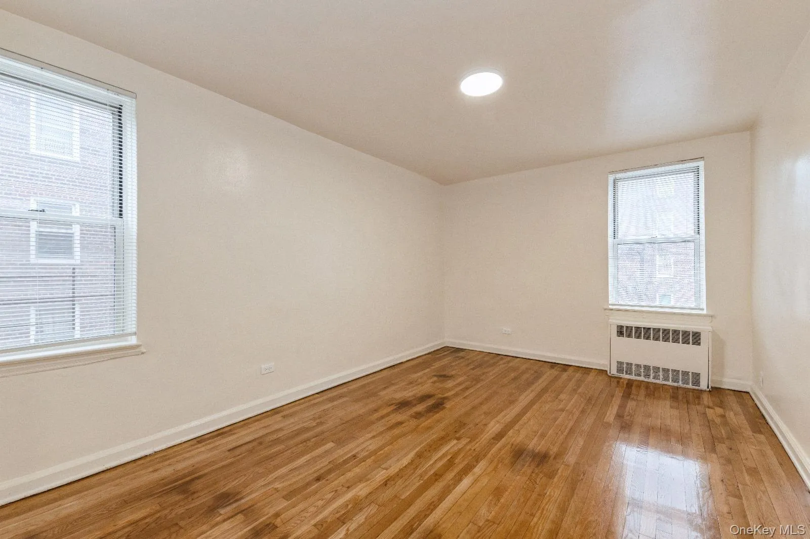 Spare room featuring radiator, baseboards, and light wood-type flooring Spare room featuring radiator, baseboards, and light wood-type flooring