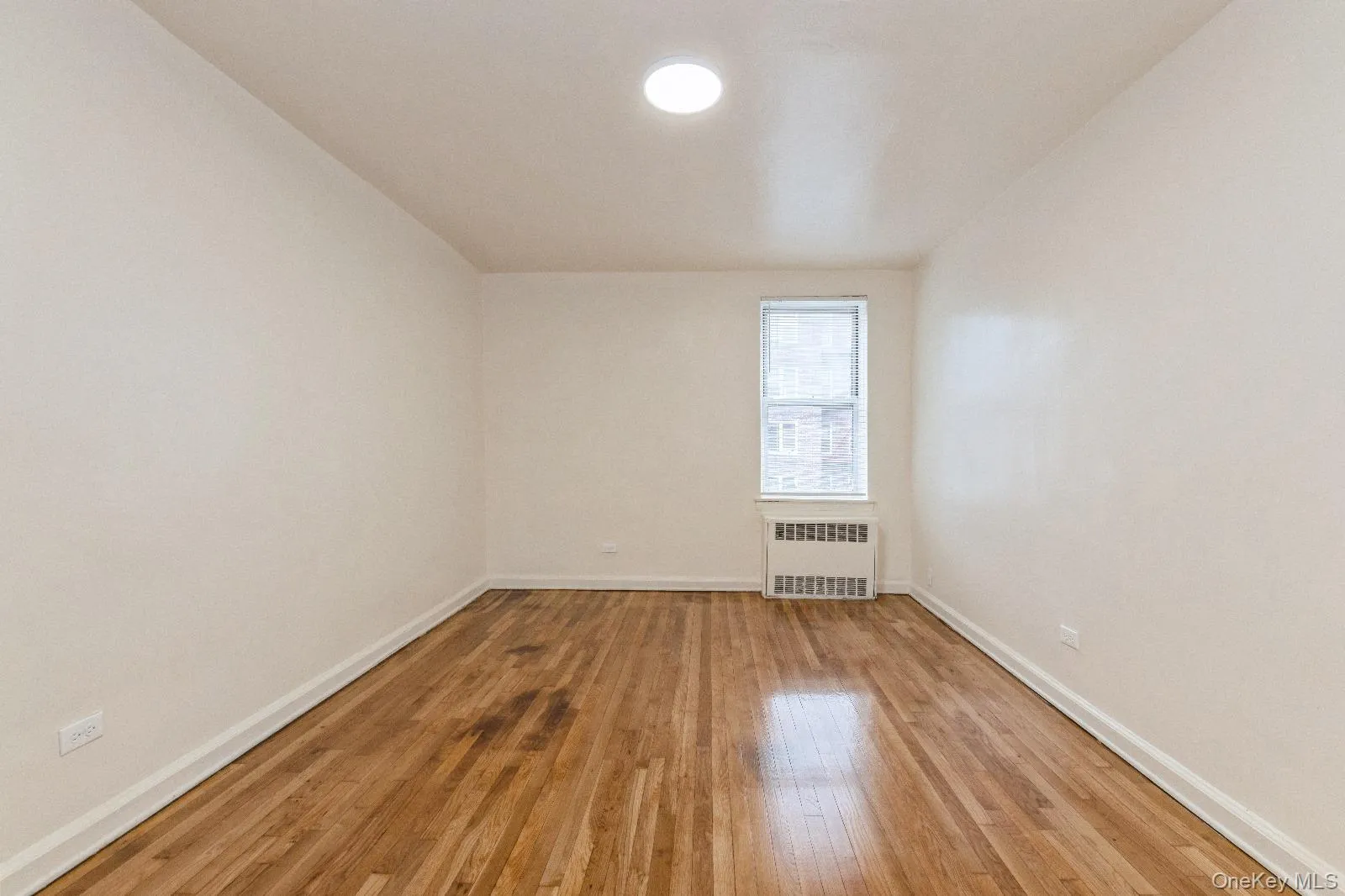Spare room featuring baseboards, radiator heating unit, and light wood-style floors Spare room featuring baseboards, radiator heating unit, and light wood-style floors