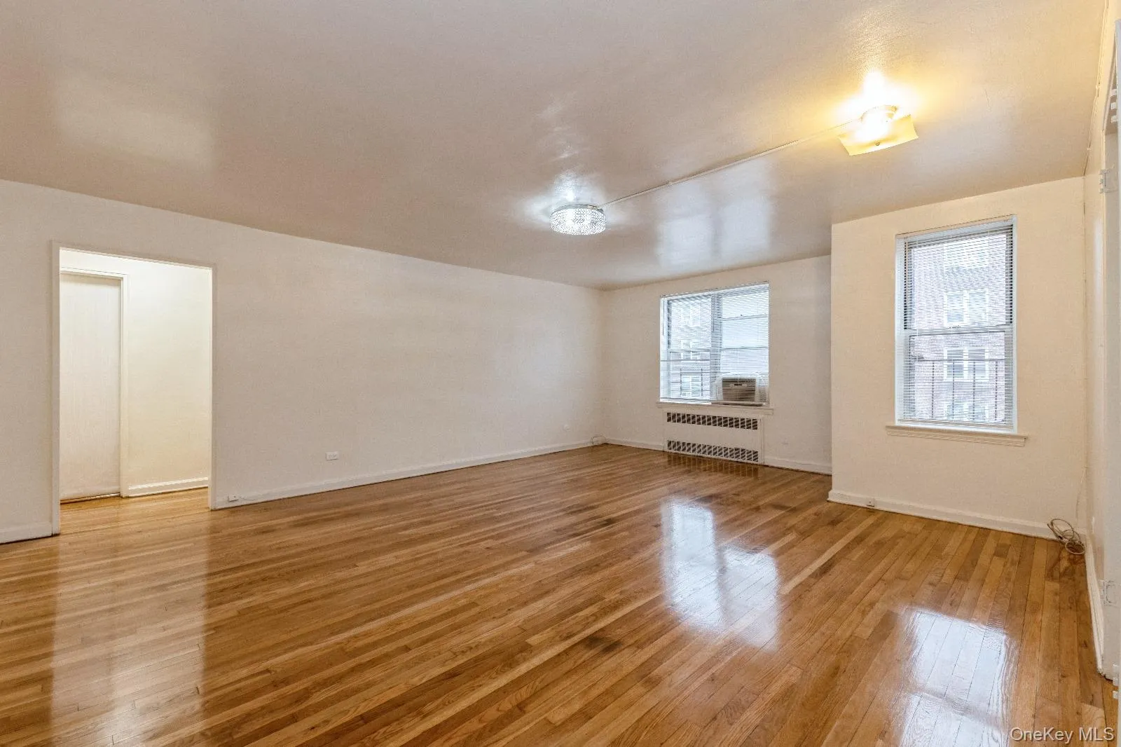 Unfurnished room featuring baseboards, light wood-style floors, and radiator heating unit Unfurnished room featuring baseboards, light wood-style floors, and radiator heating unit