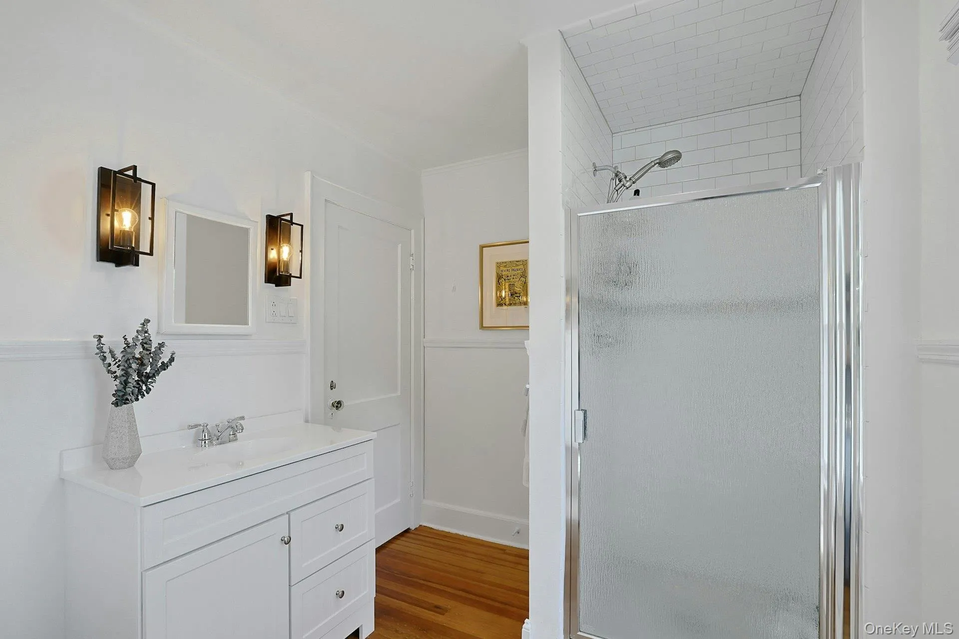 Freestanding shower with subway tile. Freestanding shower with subway tile.