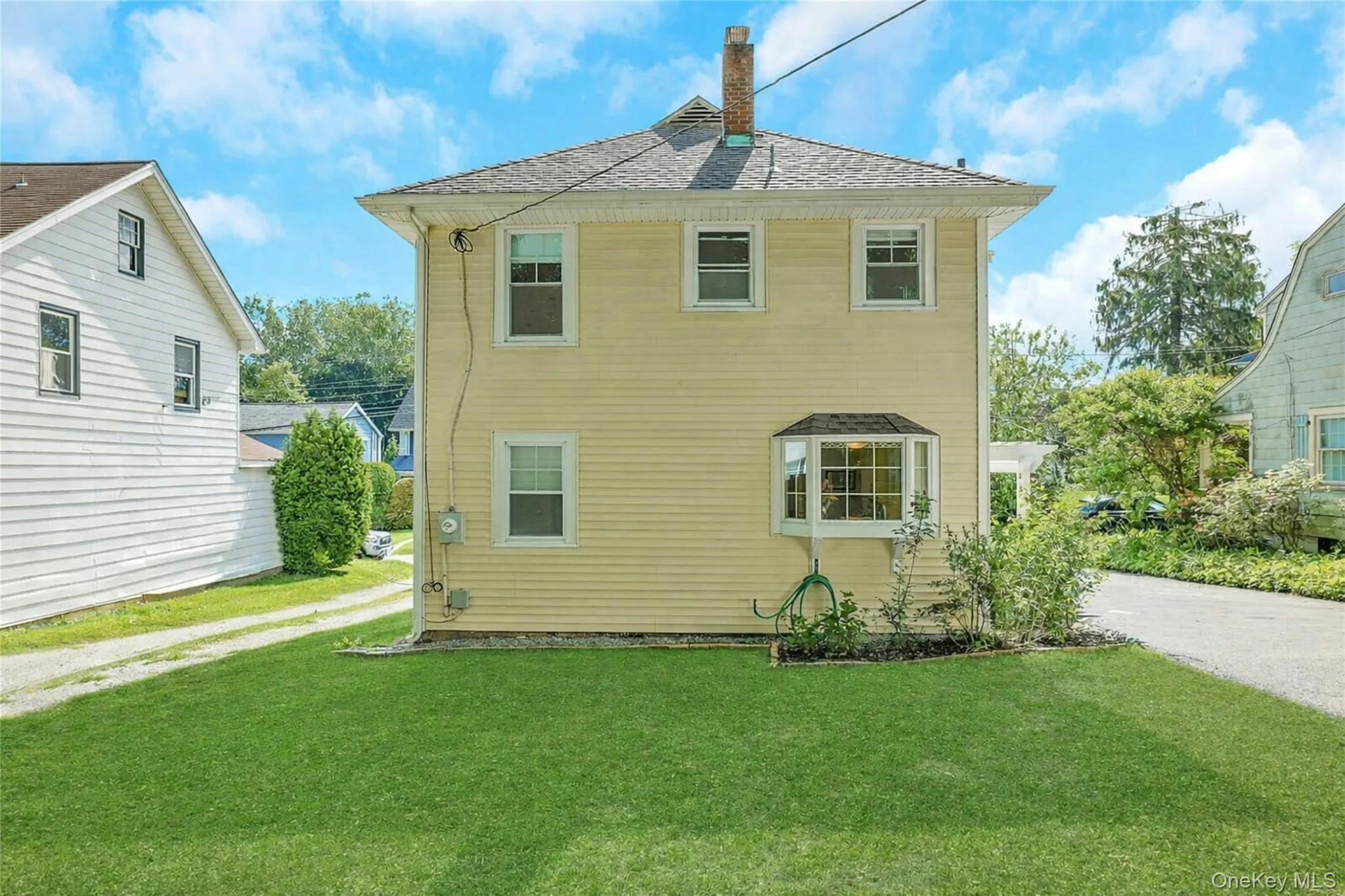 Rear view of home with flat back yard. Rear view of home with flat back yard.