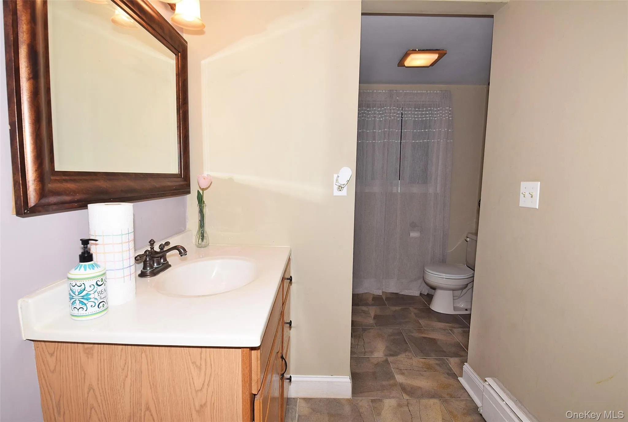 Bathroom with toilet, baseboards, vanity, and a shower with curtain Bathroom with toilet, baseboards, vanity, and a shower with curtain