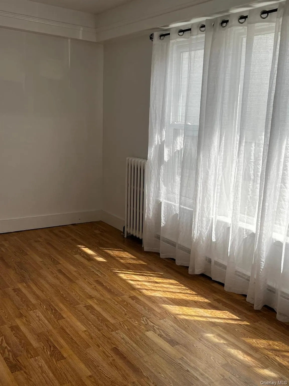 Room featuring wood-finish flooring, white baseboards, and a large window with sheers Room featuring wood-finish flooring, white baseboards, and a large window with sheers