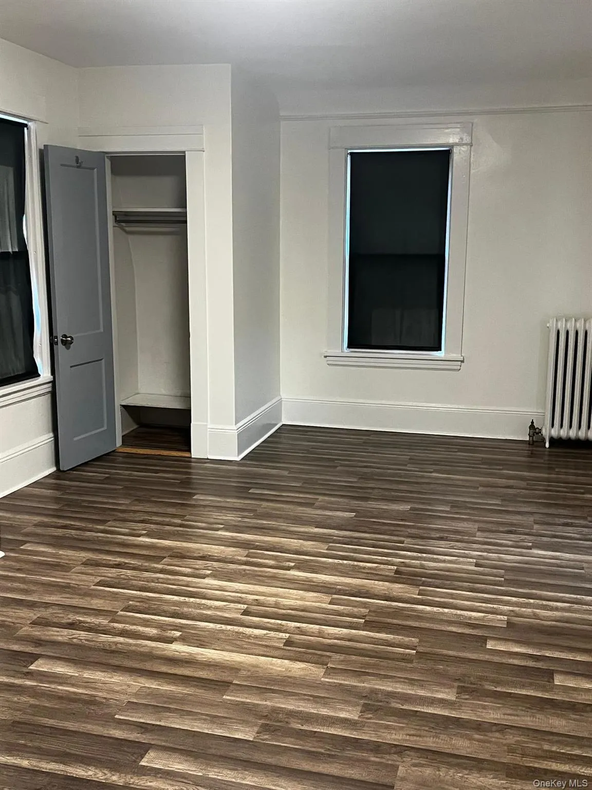 Spacious room featuring wood-finish flooring, white baseboards, and a built-in closet with a gray door Spacious room featuring wood-finish flooring, white baseboards, and a built-in closet with a gray door