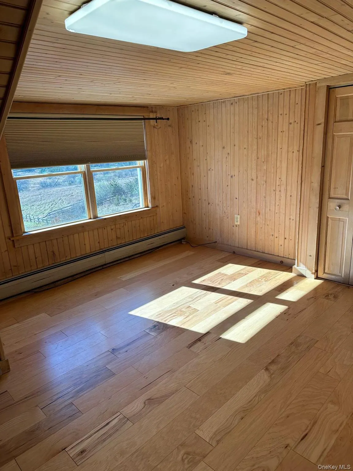 Bedroom with skylights and wood paneling, ample closet space Bedroom with skylights and wood paneling, ample closet space