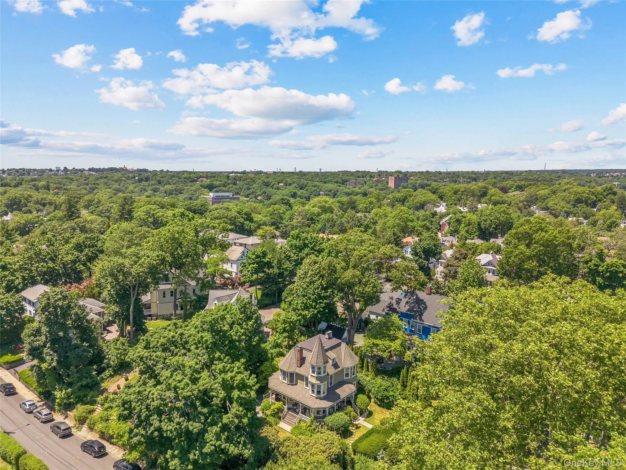 Elegant Victorian-style residence with a prominent turret, set among mature trees Elegant Victorian-style residence with a prominent turret, set among mature trees