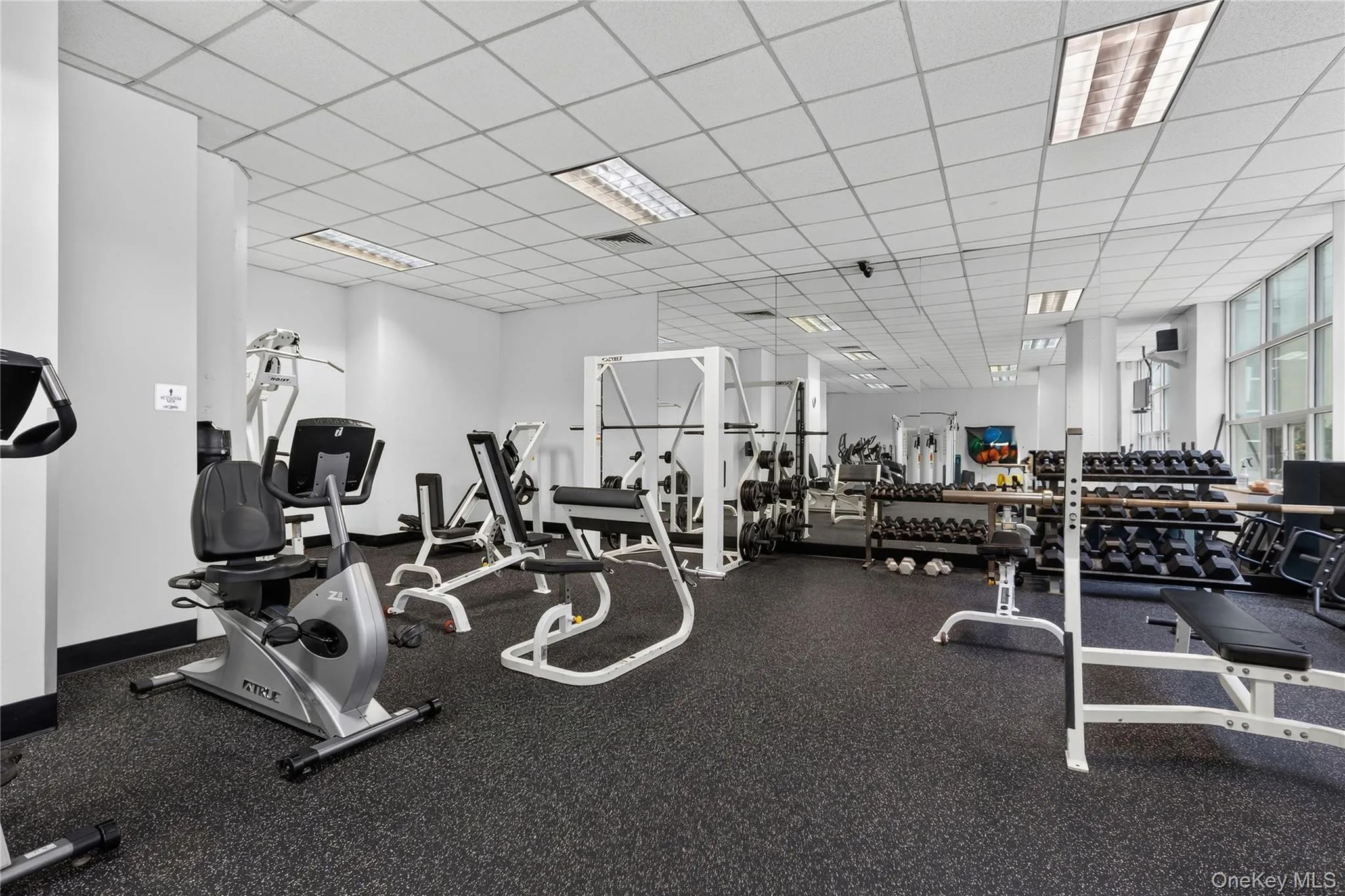 Fitness center featuring a rubberized floor, mirrored wall, recessed lighting, and large windows Fitness center featuring a rubberized floor, mirrored wall, recessed lighting, and large windows