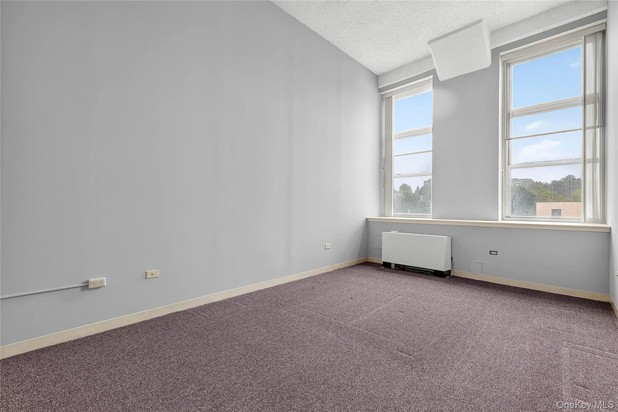 Bedroom with two tall windows, grey walls, and purple carpet flooring Bedroom with two tall windows, grey walls, and purple carpet flooring