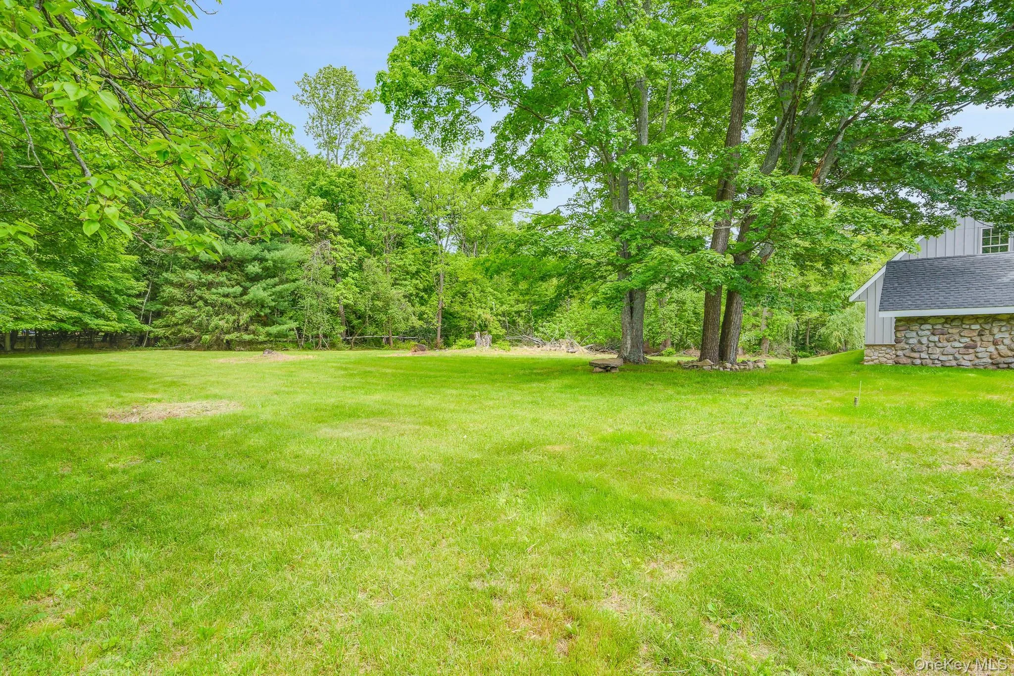 Expansive lawn bordered by mature trees and a wooded backdrop Expansive lawn bordered by mature trees and a wooded backdrop