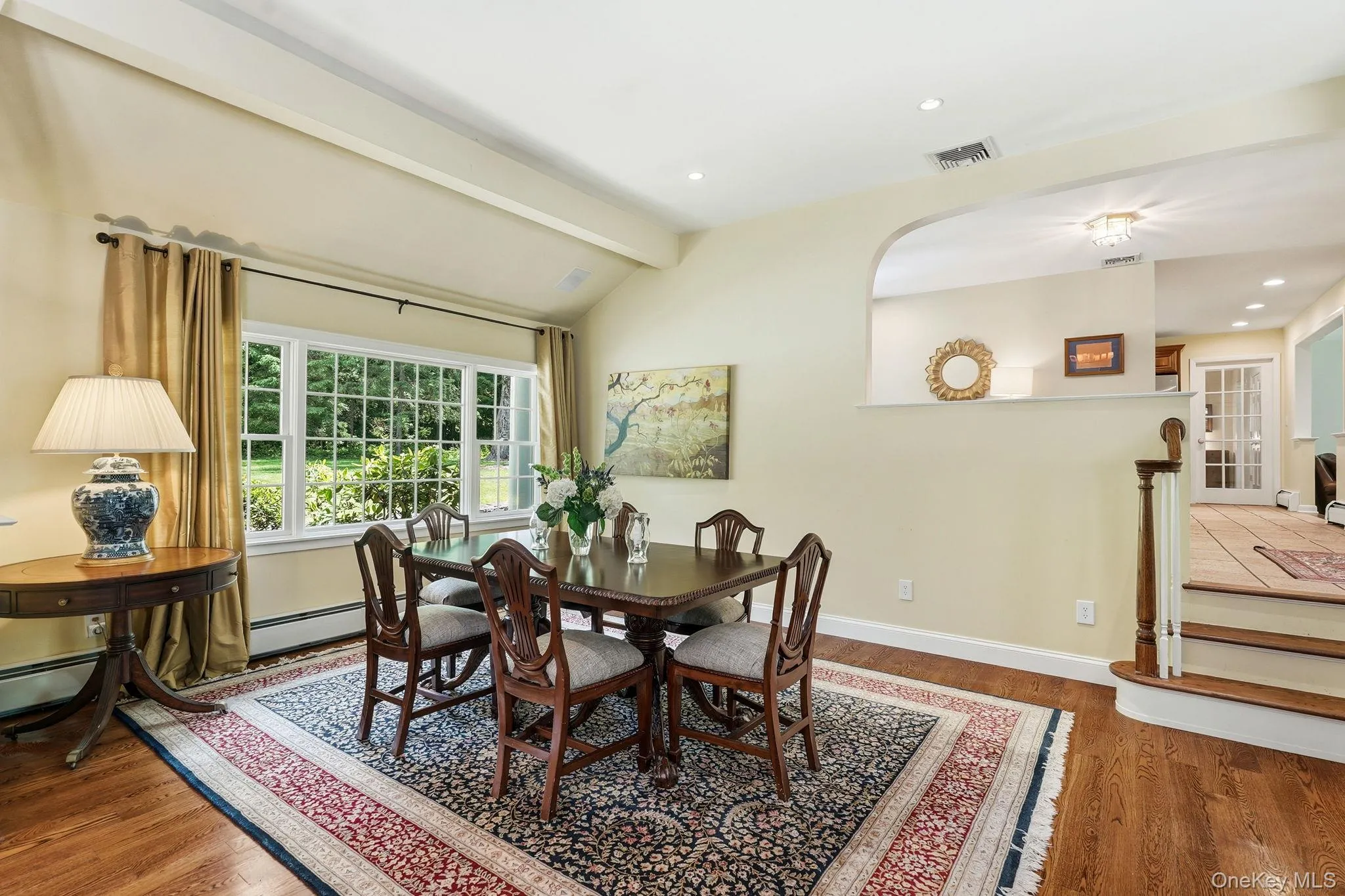 Formal dining room showing steps down from entrance hall. Formal dining room showing steps down from entrance hall.