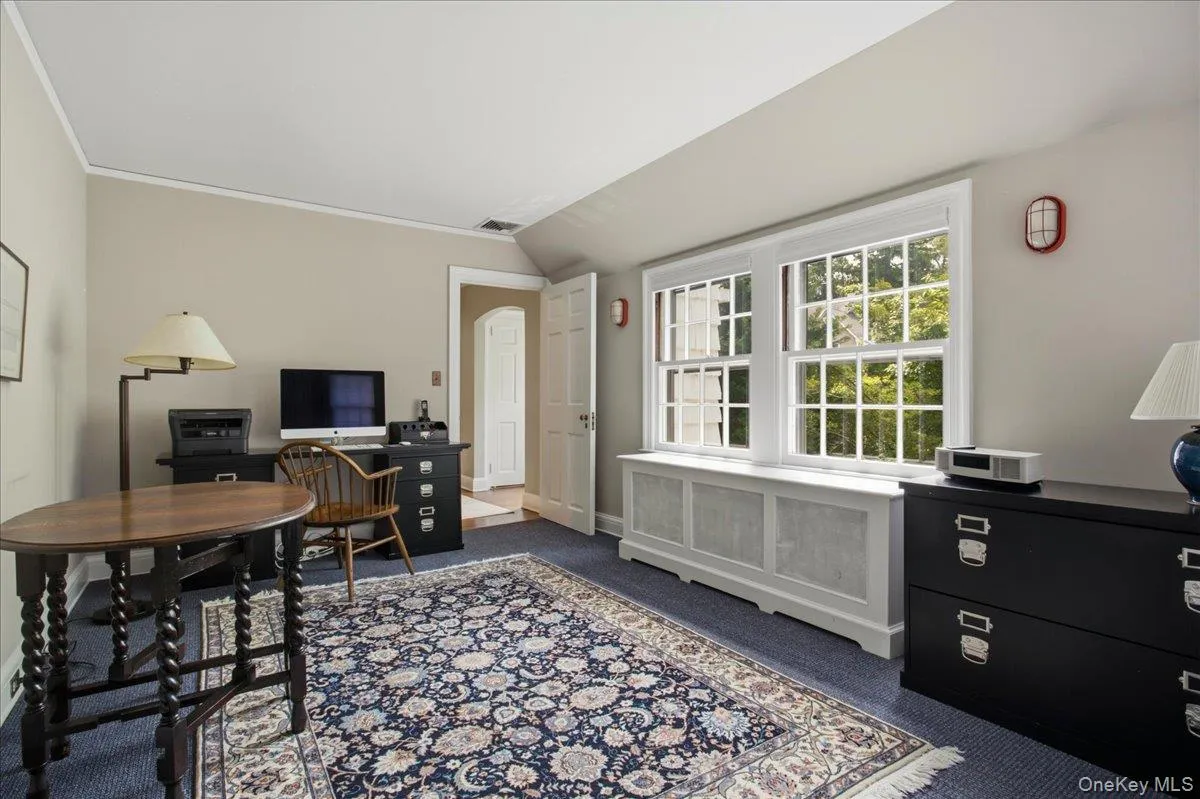 Dual sash windows with white muntins and a built-in radiator cover Dual sash windows with white muntins and a built-in radiator cover
