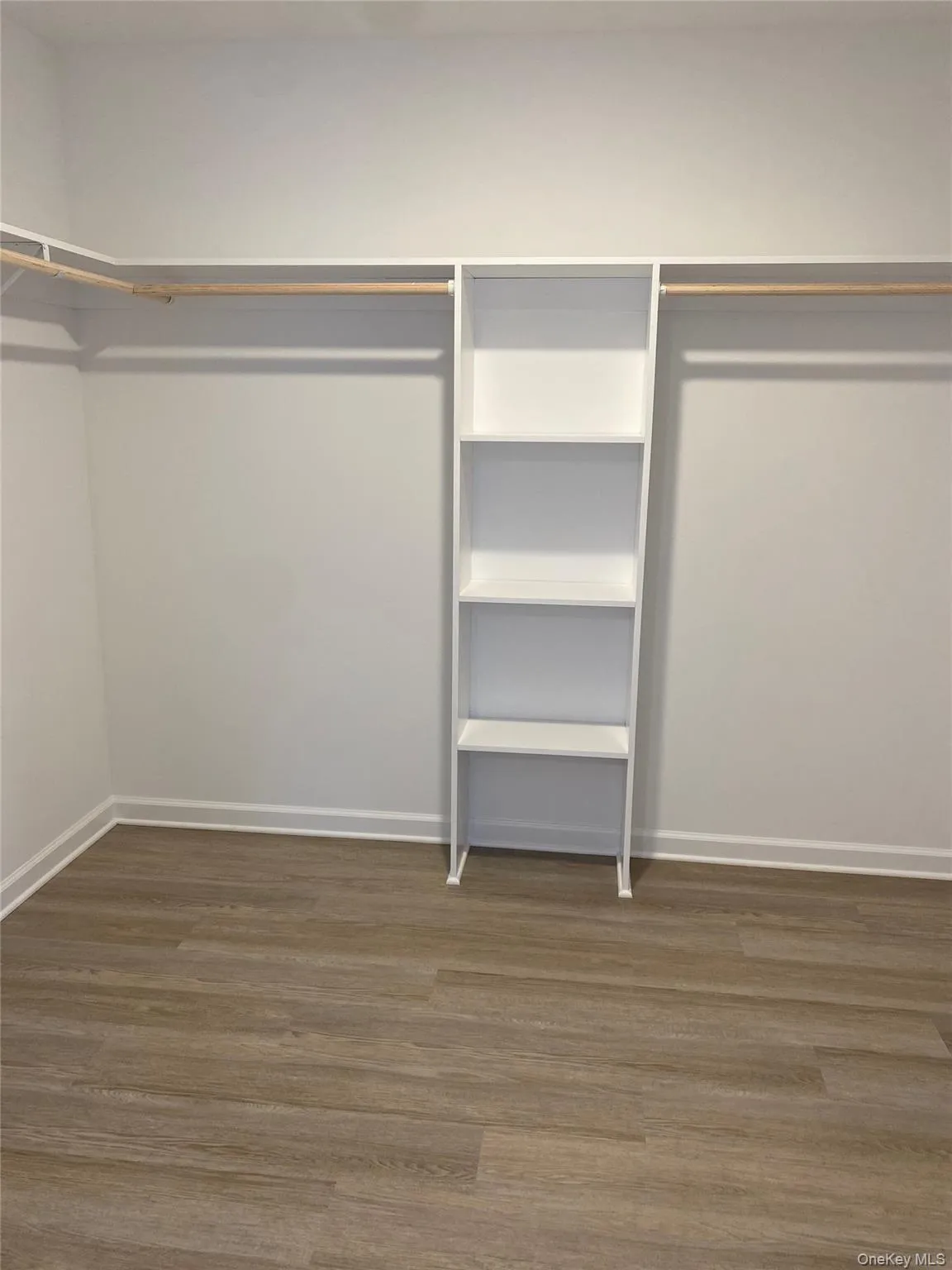 Walk in closet featuring dark wood-style floors Walk in closet featuring dark wood-style floors