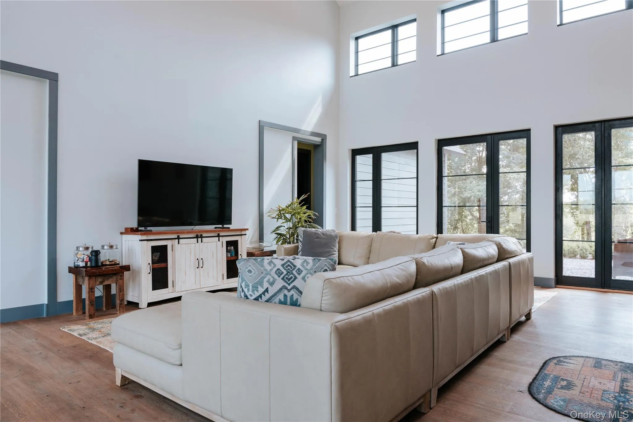 Living room featuring wood finished floors and a high ceiling Living room featuring wood finished floors and a high ceiling
