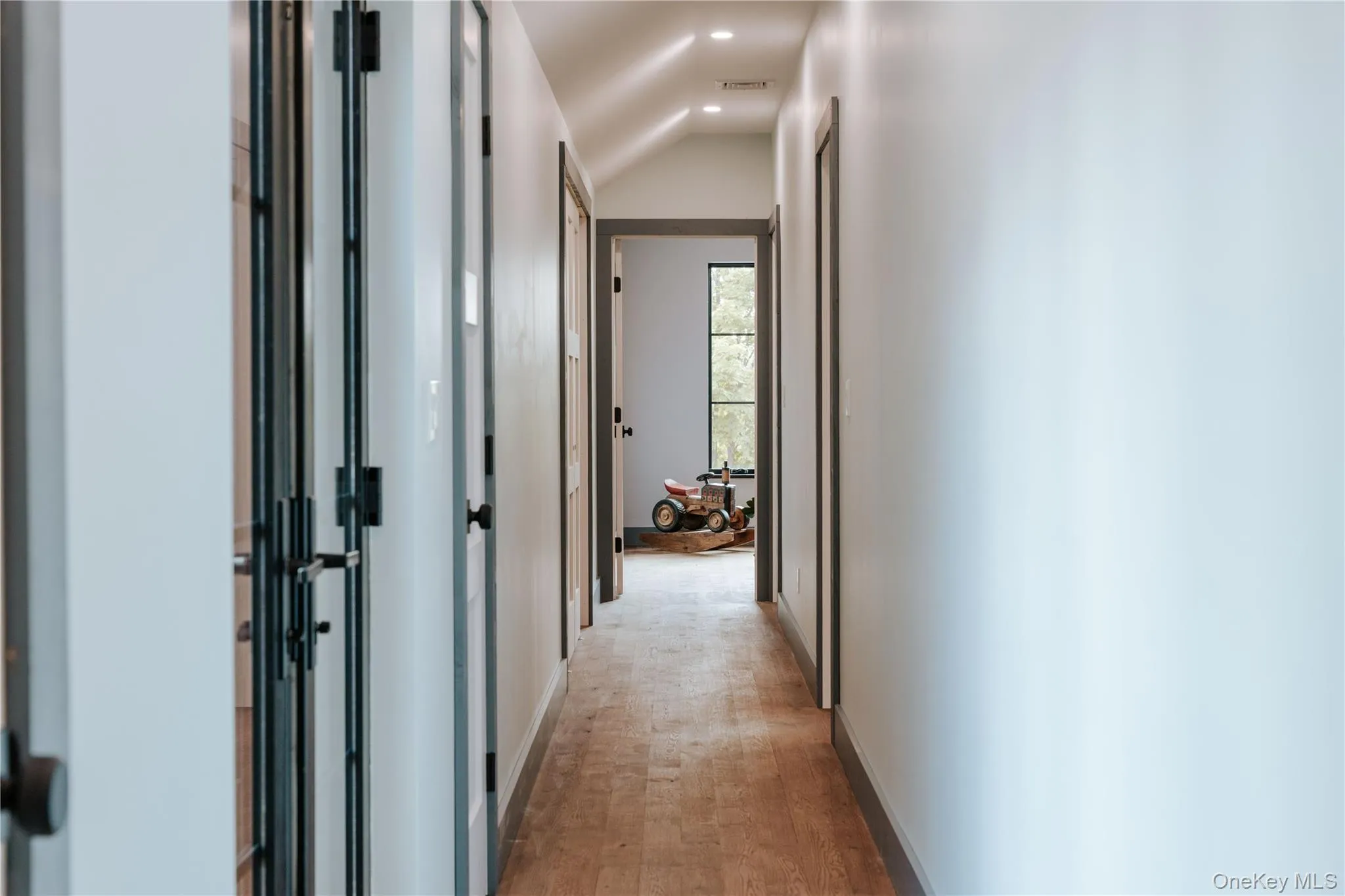 Hall featuring light wood finished floors and lofted ceiling Hall featuring light wood finished floors and lofted ceiling