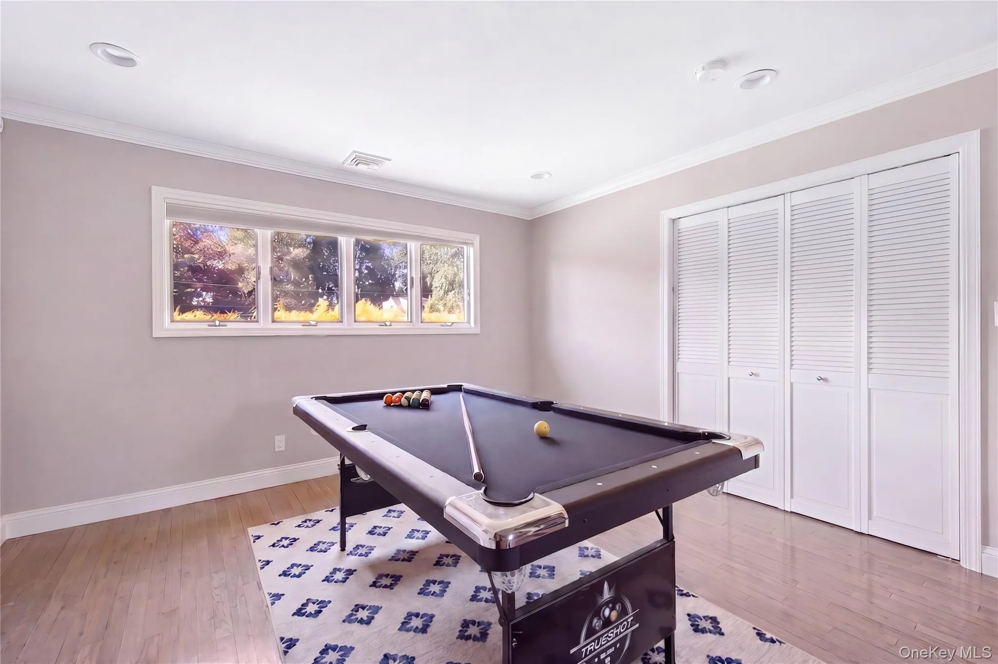 Spacious room featuring wood-finish flooring, recessed lighting, and a multi-pane window with white trim Spacious room featuring wood-finish flooring, recessed lighting, and a multi-pane window with white trim