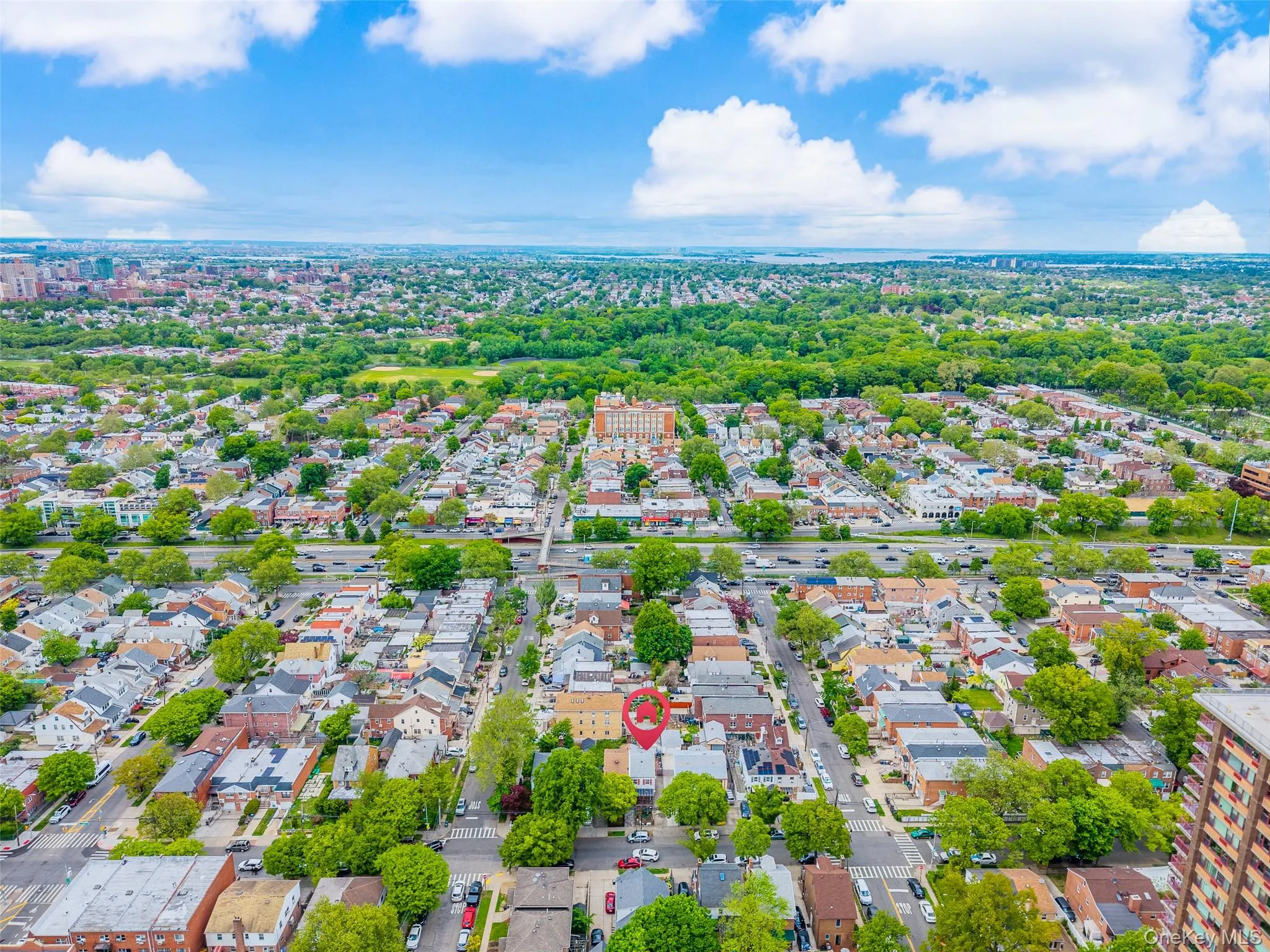 Aerial perspective showcasing a residential neighborhood with extensive tree canopy and surrounding urban landscape Aerial perspective showcasing a residential neighborhood with extensive tree canopy and surrounding urban landscape