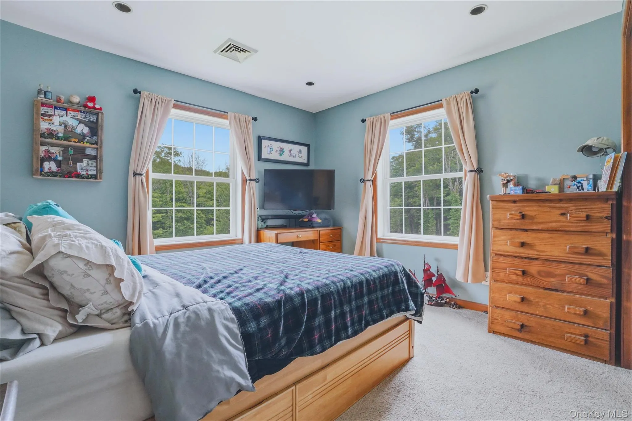 Bedroom with teal walls and grey carpet Bedroom with teal walls and grey carpet